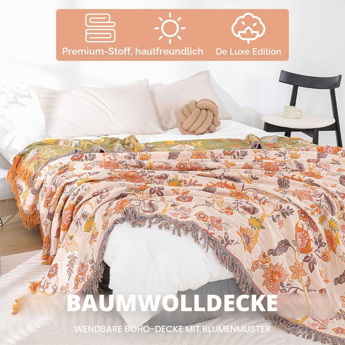 Tagesdecke Boho Baumwolle Kuscheldecke Wohndecke mit Blumenmuster