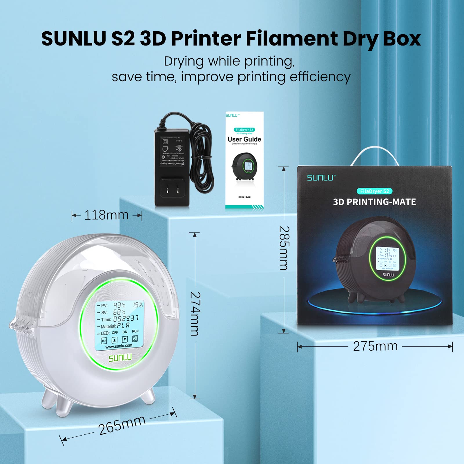 [SUNLU Ufficiale] 2025 Nuova Essiccatore Filamento 3D S2, Scatola Essiccante per Filamenti con Riscaldamento a 360°, Mantieni Asciutto il Filamento della Stampante 3D, Filamento Dryer Bianco
