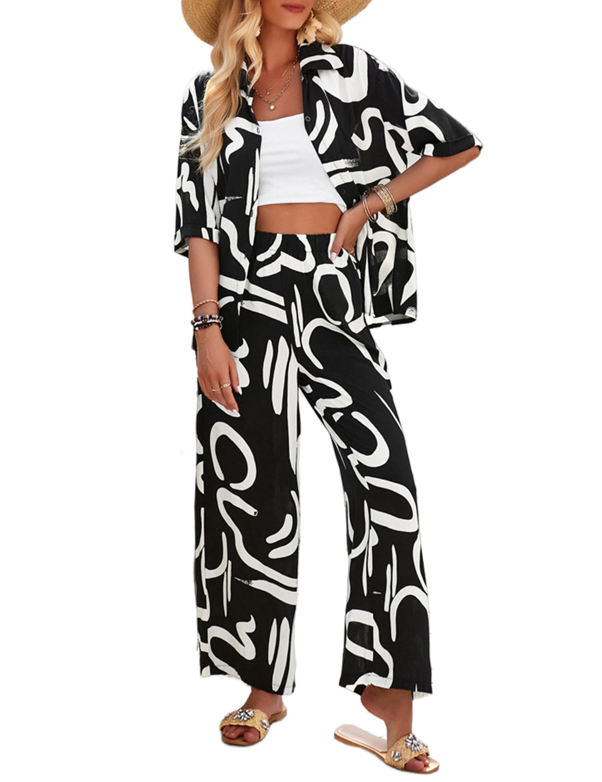 Peaceglad Womens Summer Print 2 Piece Pajama Sets Short Sleeve Button Down Outfit Long Pants Sleepwear Set