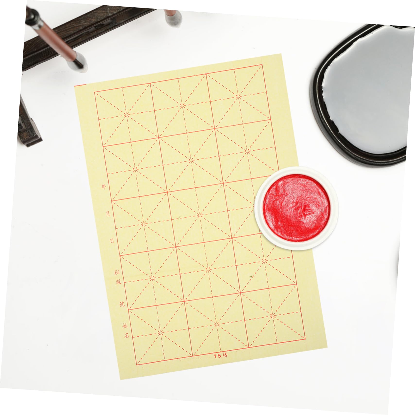 Housoutil Papier de Riz Chinois Quadrillé Calligraphie 15 Cases Jaune 10 Feuilles 20 Kits Débutants