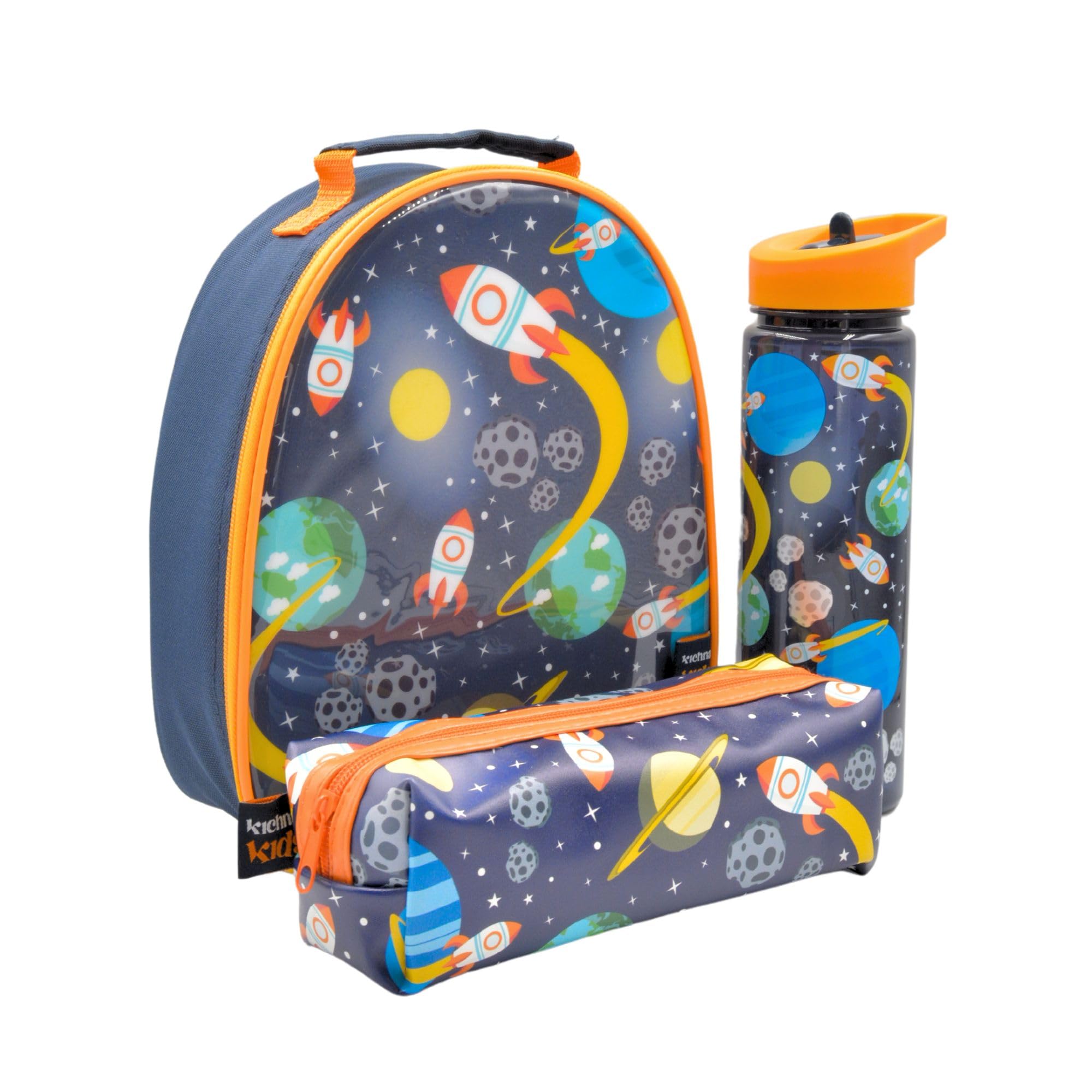 Kichna Kids Insulated Lunch Bag Water Bottle and Pencil Case Set Childrens Cooler Bag and Water Bottle with Flip Up Spout Straw - Space