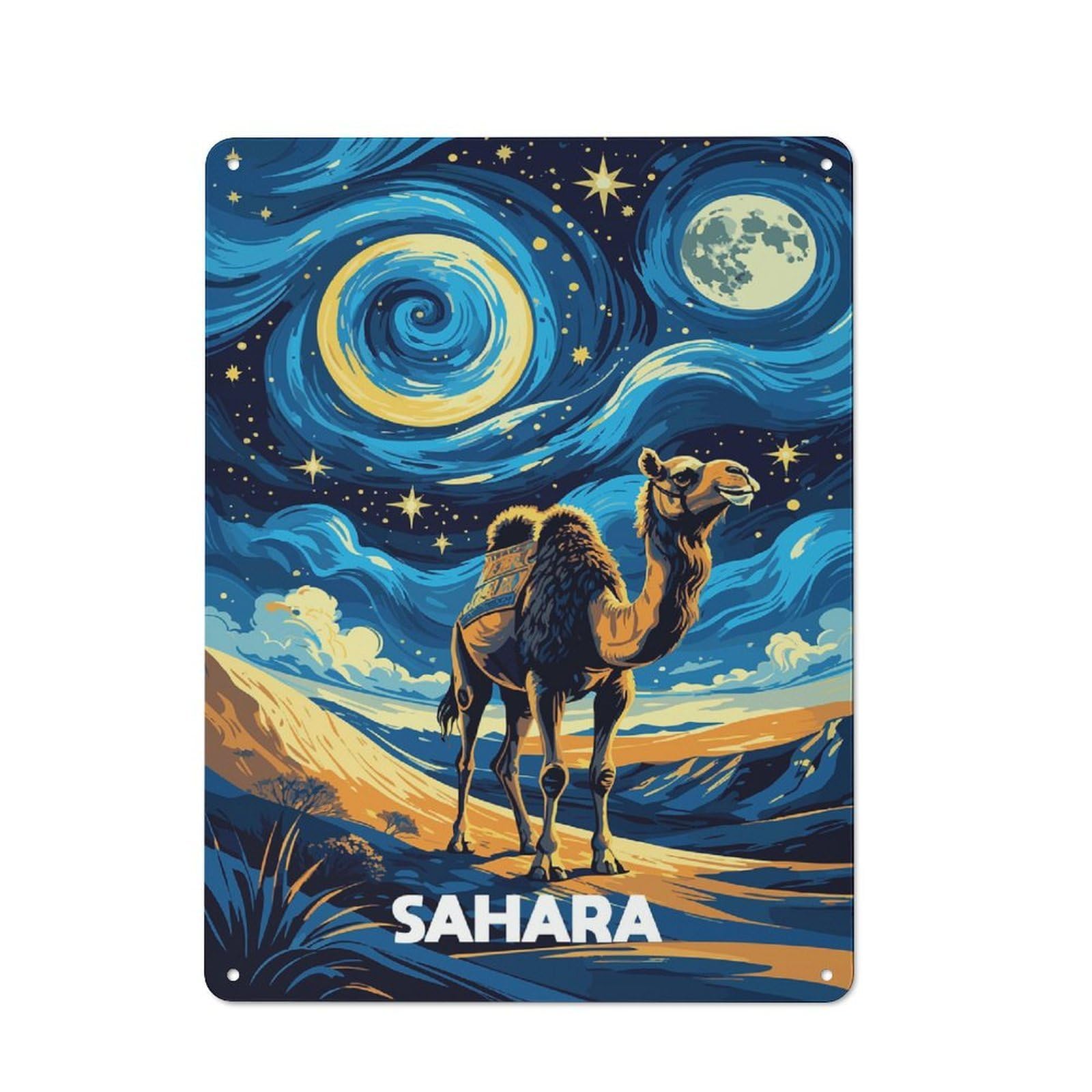 Junmoney Style-3 Tin Wall Plaque 40X30cm With Sahara Desert Camel Night Art For Guest Room Or Hallway, For Updating Guest Room And Hallway After Moving