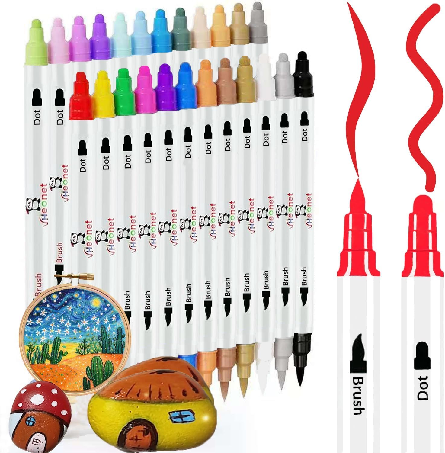 Acrylic Paint Markers, 24 Colors Fabric Markers ,Acrylic Paint Pen Dual Tip with Brush Tip and Dot Tip, No Bleeding Coloring Marker for Wood, Rock,