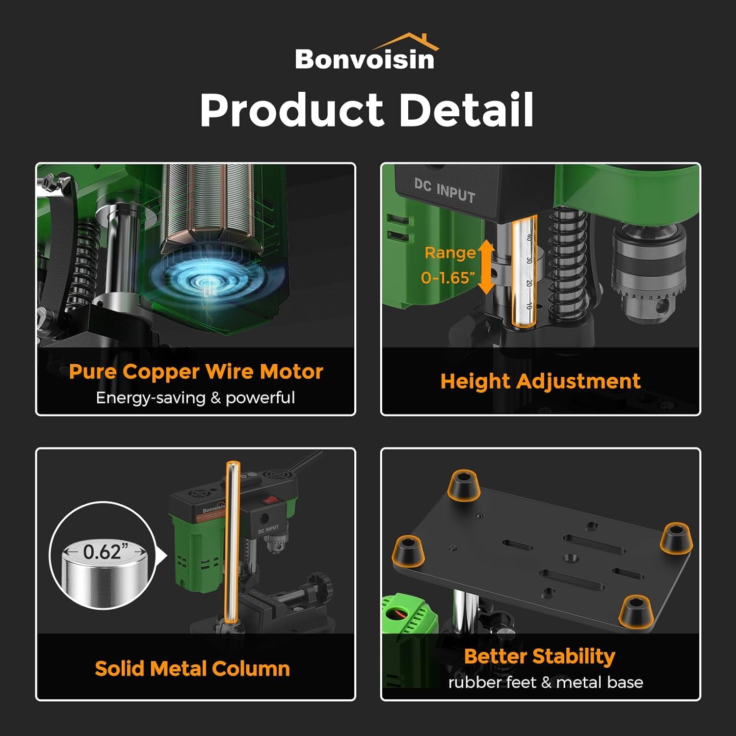 Bonvoisin Taladro de Columna de Banco 3415rpm Altura Regulable 1.65” | Doble Alimentación, Portabrocas 0,02"-0,24", Altura Ajustable 0-1,65", 3415rpm, Motor Cobre, Para Madera/Metal/Plástico