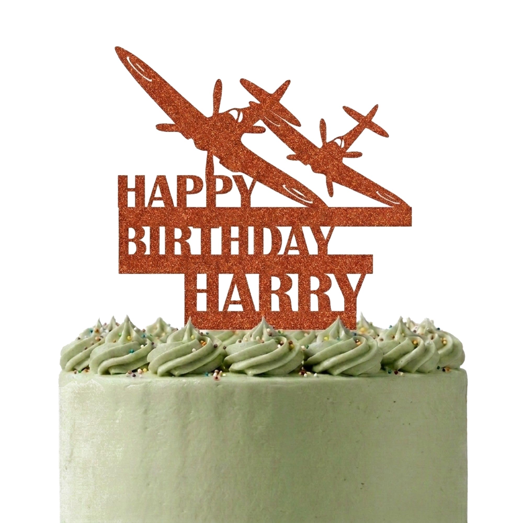 Personalised Double Spitfire Dogfight Cake Topper | Glitter Card WWII Battle Scene | Custom Names & Age (Copper)