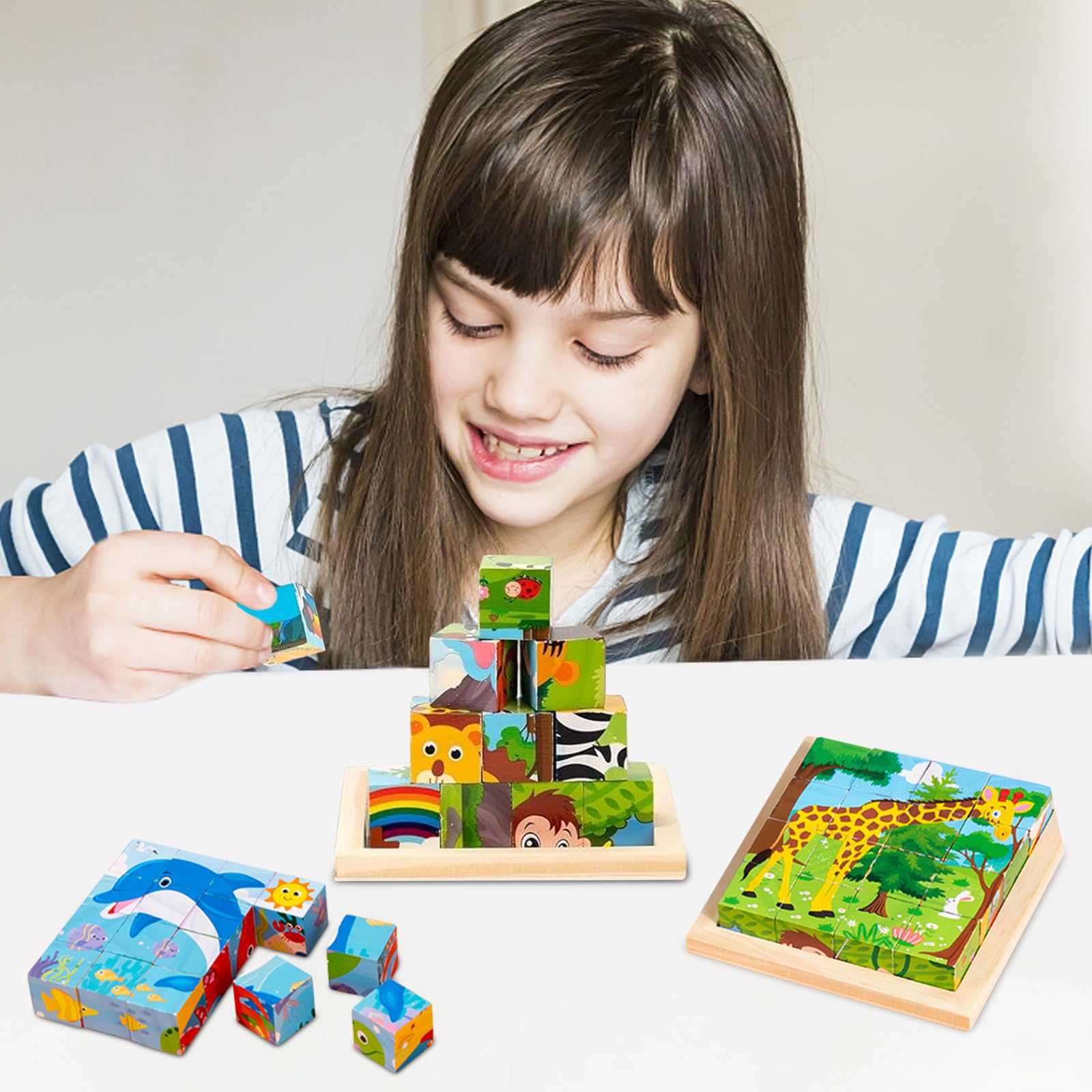 Montessori, puzzle in legno, cubi in 3D, puzzle 6 in 1, giocattolo educativo in legno, per bambini dai 1 2 3 4 anni, giochi impilabili per bambini, ragazzi e ragazze