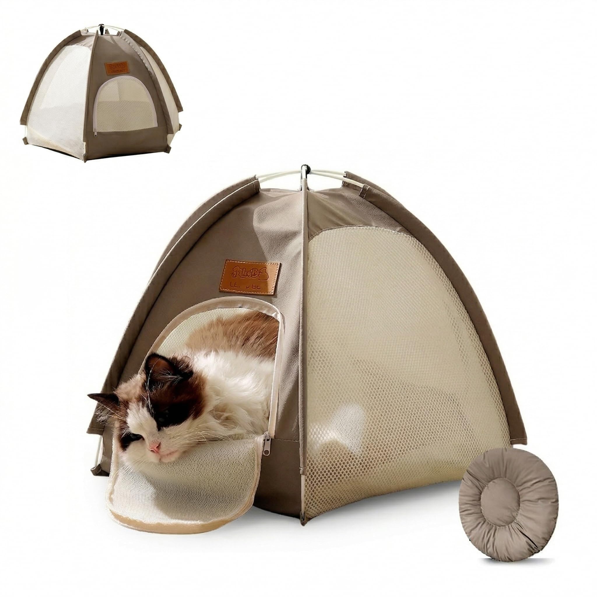 Breathable Cat Tent Bed for Indoor Outdoor, Portable Pop Up Pet Enclosure with Anti-Mosquito Mesh & Secure Zipper Door, Cozy Cave Shelter with Cushion for Cats Small Dogs Summer Travel (Gray, L)