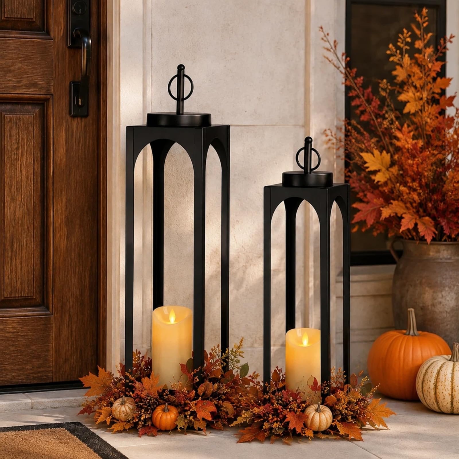 24" 19" Large Decorative Lanterns, 2 Pcs Black Floor Lanterns with Candles