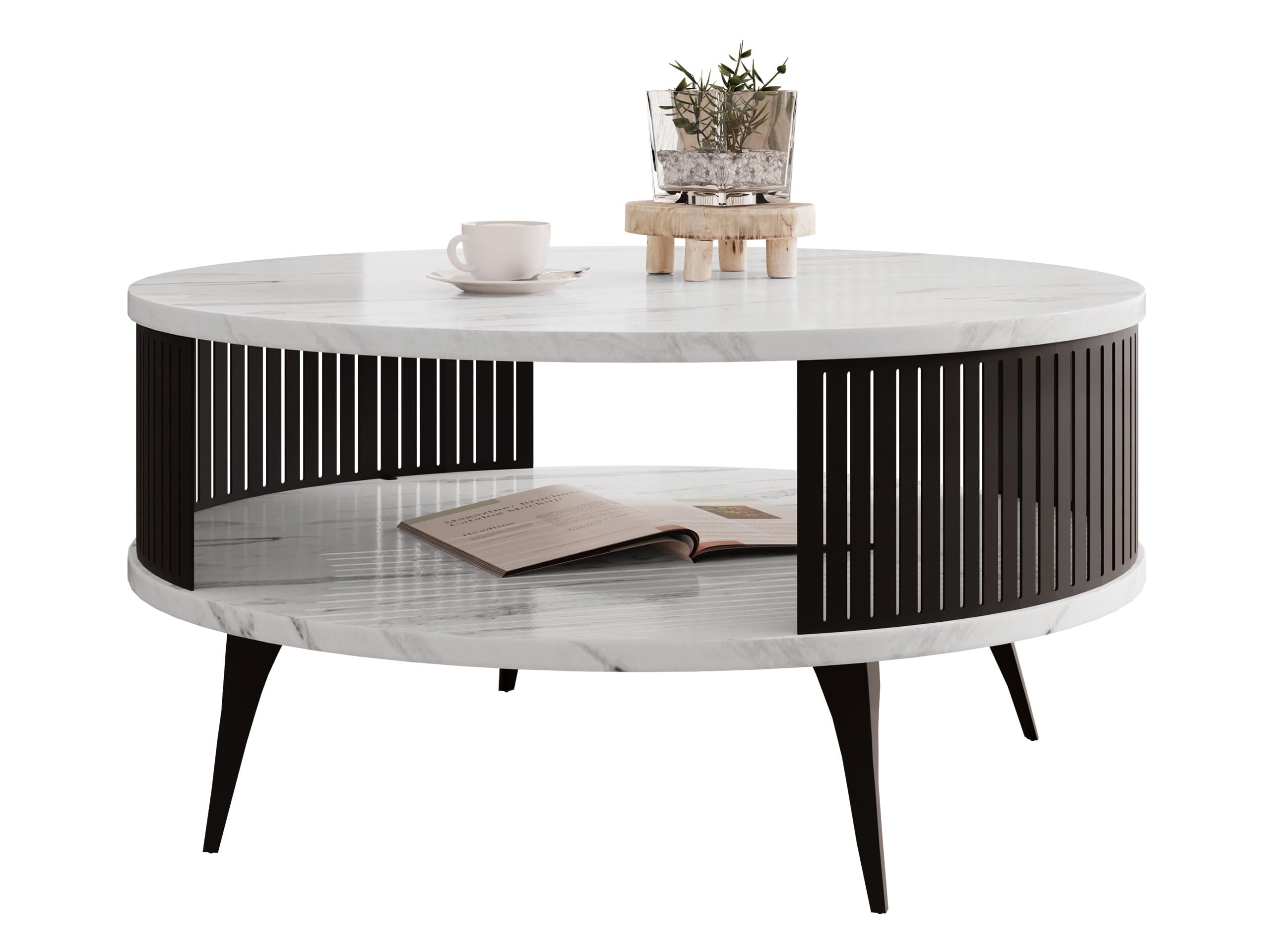 Mirjan24 Couchtisch Rajkon, runde Form (Bianco Marmor, Schwarz) | Moderner Wohnzimmertisch mit praktischer Ablage, stabilem Stahlgestell und pflegeleichter Oberfläche