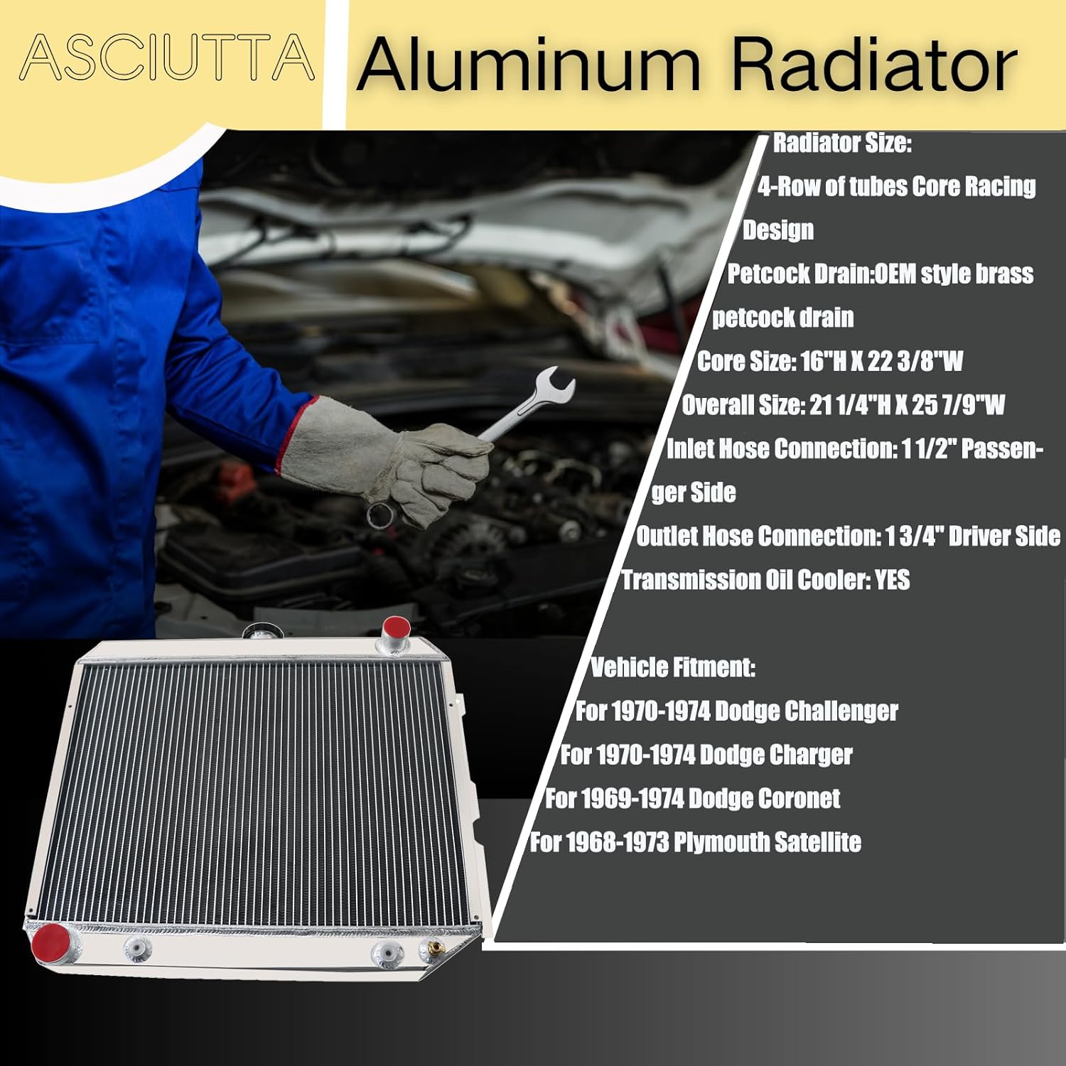 4 Row Aluminum Radiator for 1968-1974 73 Dodge Plymouth Mopar Cars Big Block V8 All Aluminum Engine Cooler