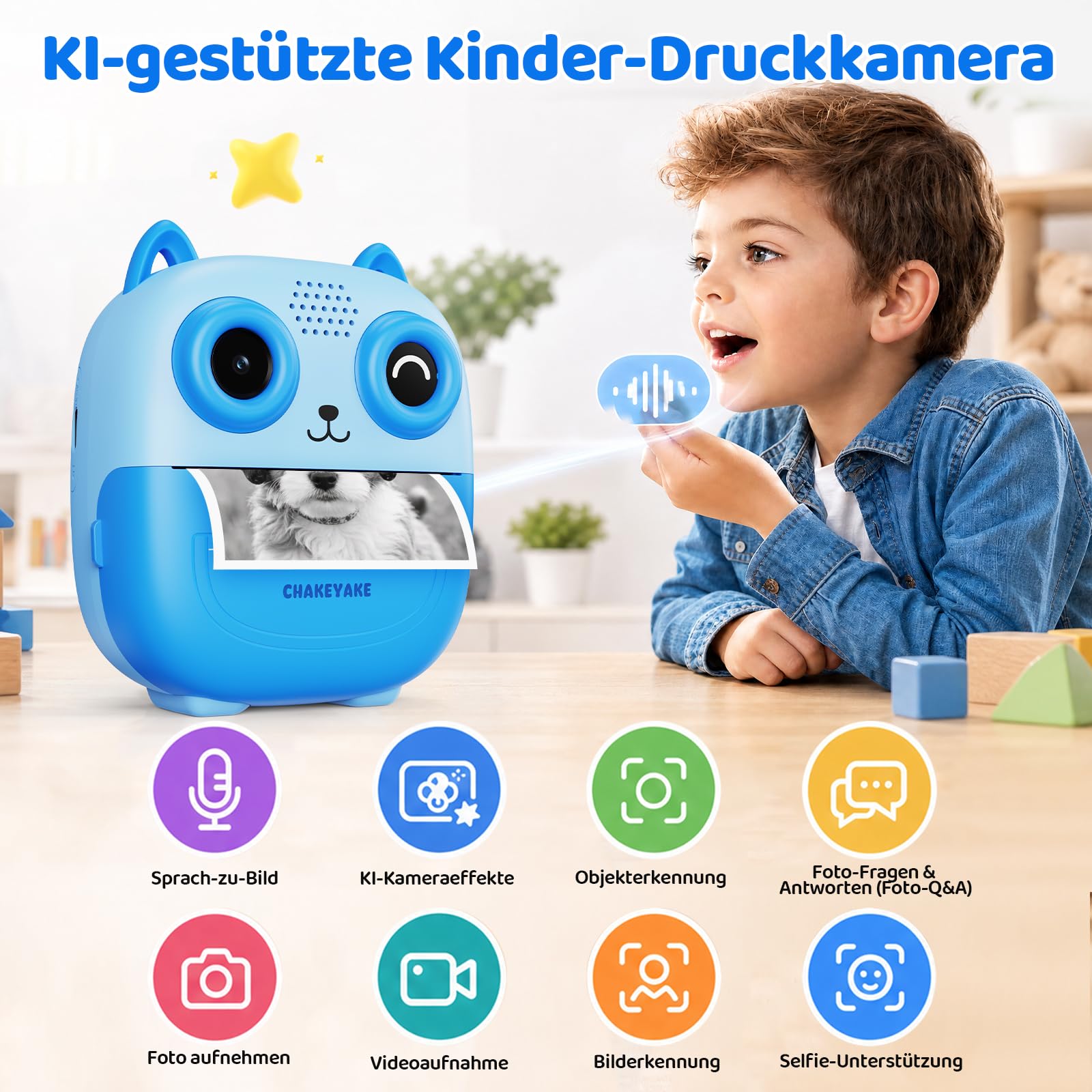 CHAKEYAKE Kinderkamera Sofortbildkamera, KI Sprachdrucker Digitalkamera mit Sprachsteuerung, Objekterkennung, Fragen & Antworten, Texterkennung, kreativen Filtern, Geschenk für Jungen und Mädchen