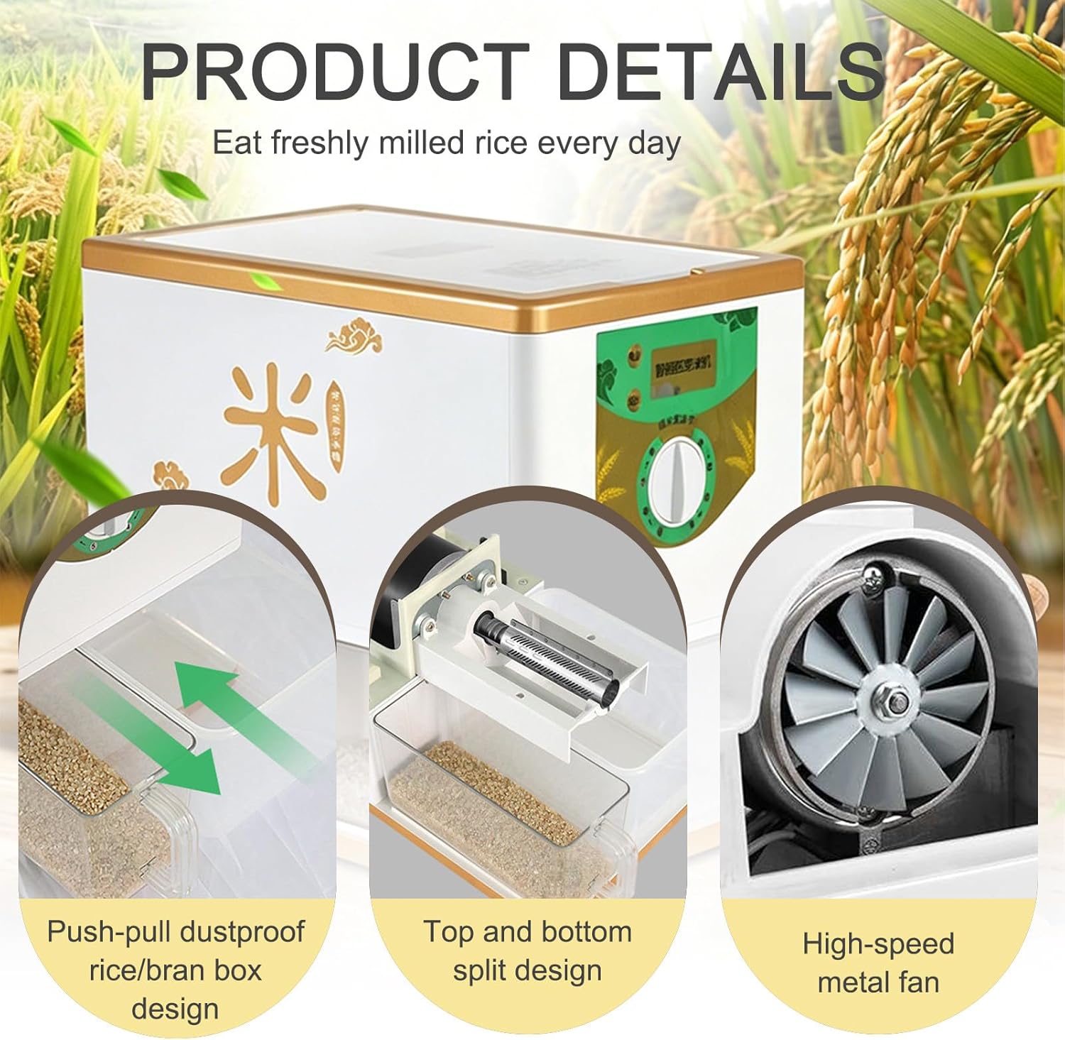 SHAHRYAR Household Smart Rice Mill, Bran Separator, 250-500g/Min Yield, 8-Level Adjustable Milling, Fresher and More Nutritious Than Supermarket-Bought Rice