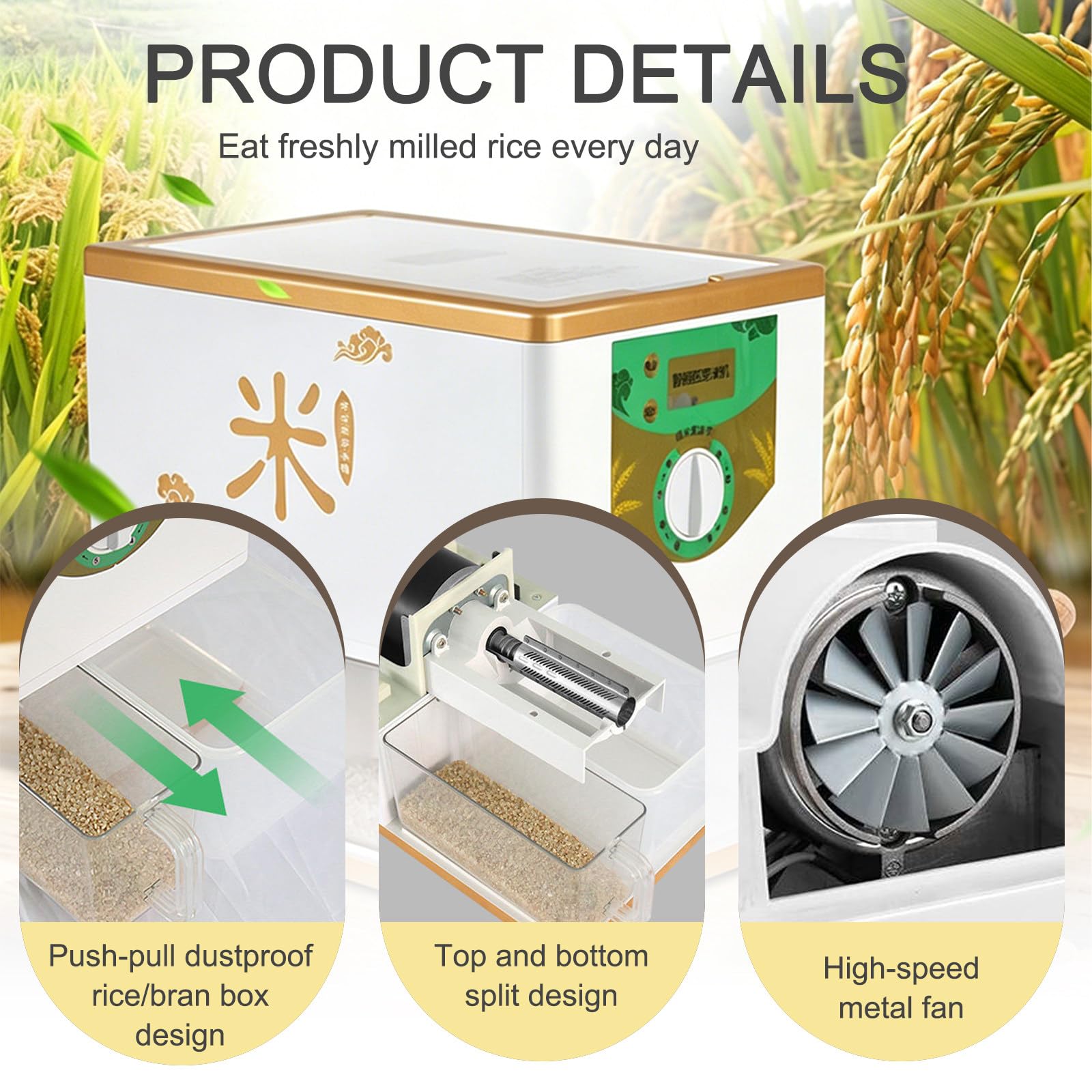 Fresatrice per riso - Regolabile a 8 livelli, resa 250-500g/min, arresto automatico continuo, separazione automatica di riso e crusca