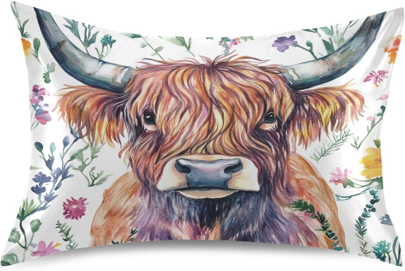 Satin Pillowcase for Hair and Skin, Watercolor Highland Cow Silky Pillow Case Body Pillow Covers Standard Size with Envelope Closure