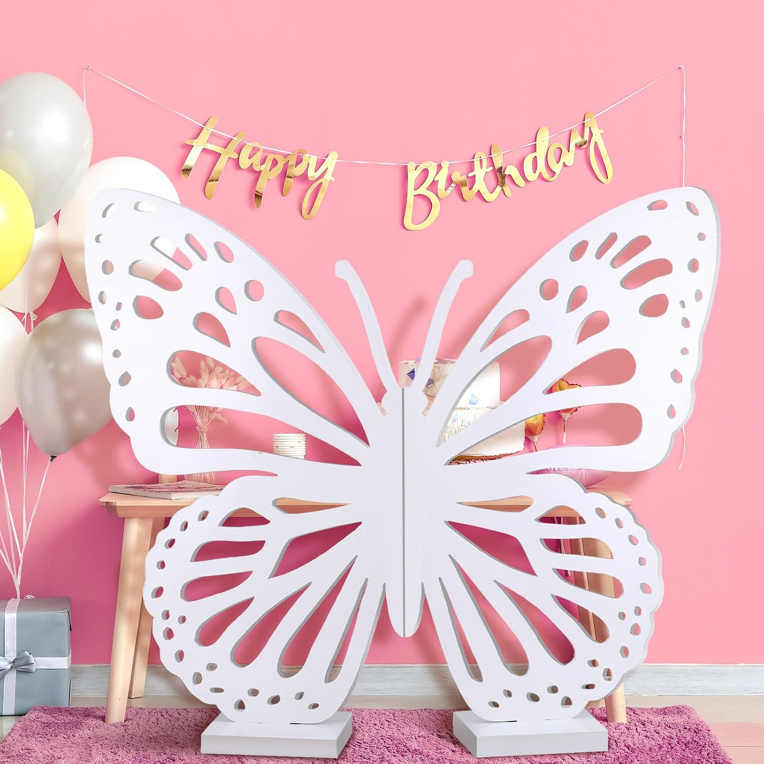 Large Wooden Butterfly Decor 24 x 28 Inches Standing Wood Decoupage Carved Craft for Weddings Baby Showers Parties Adjustable Wings DIY Backdrop Garden Indoor Decoration