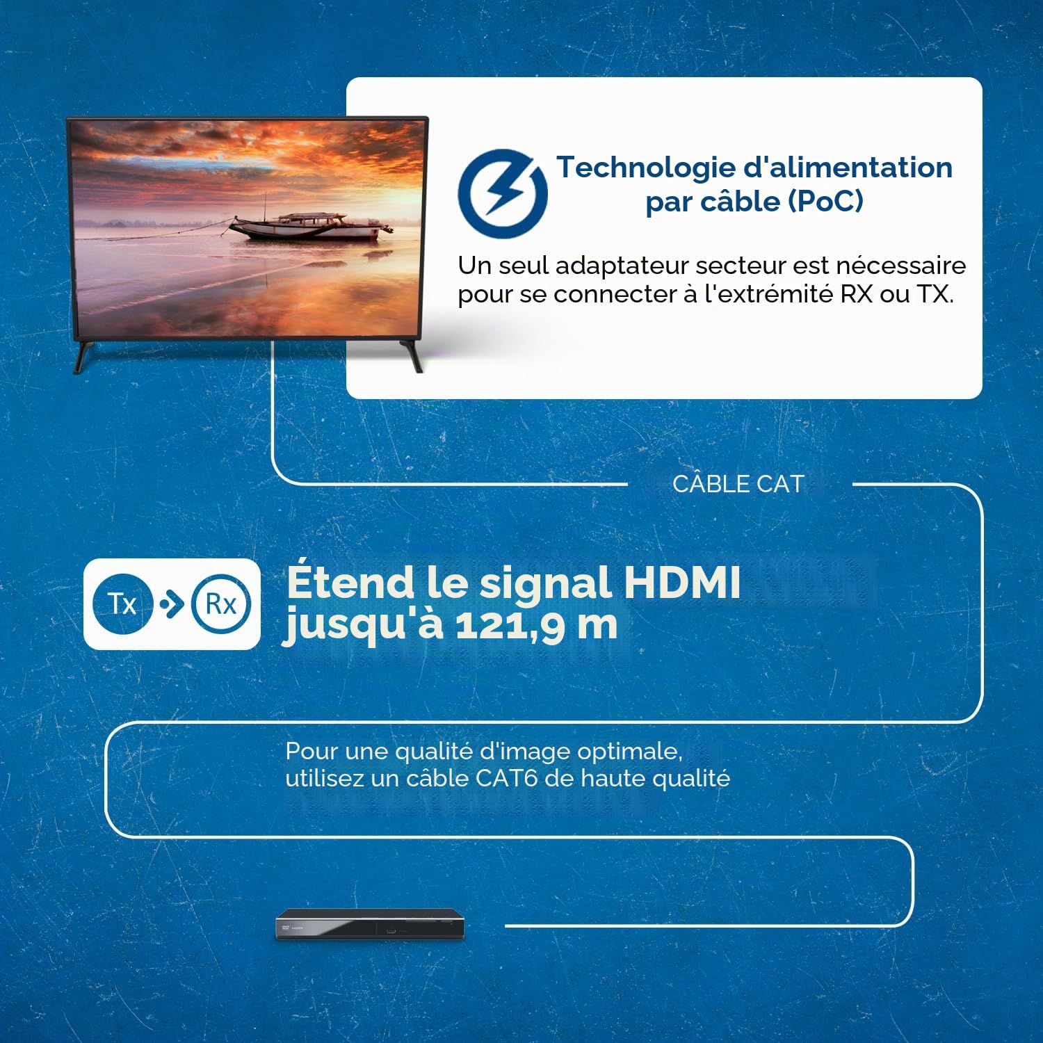 Orei - Rallonge HDMI 4K - HDBaseT UltraHD 4K @ 60 Hz 4:4:4 sur câble simple CAT5e/6/7 avec contrôle HDR, CEC et IR, RS-232 - Jusqu'à 122 m - Boucle - Câble d'alimentation - Sortie audio