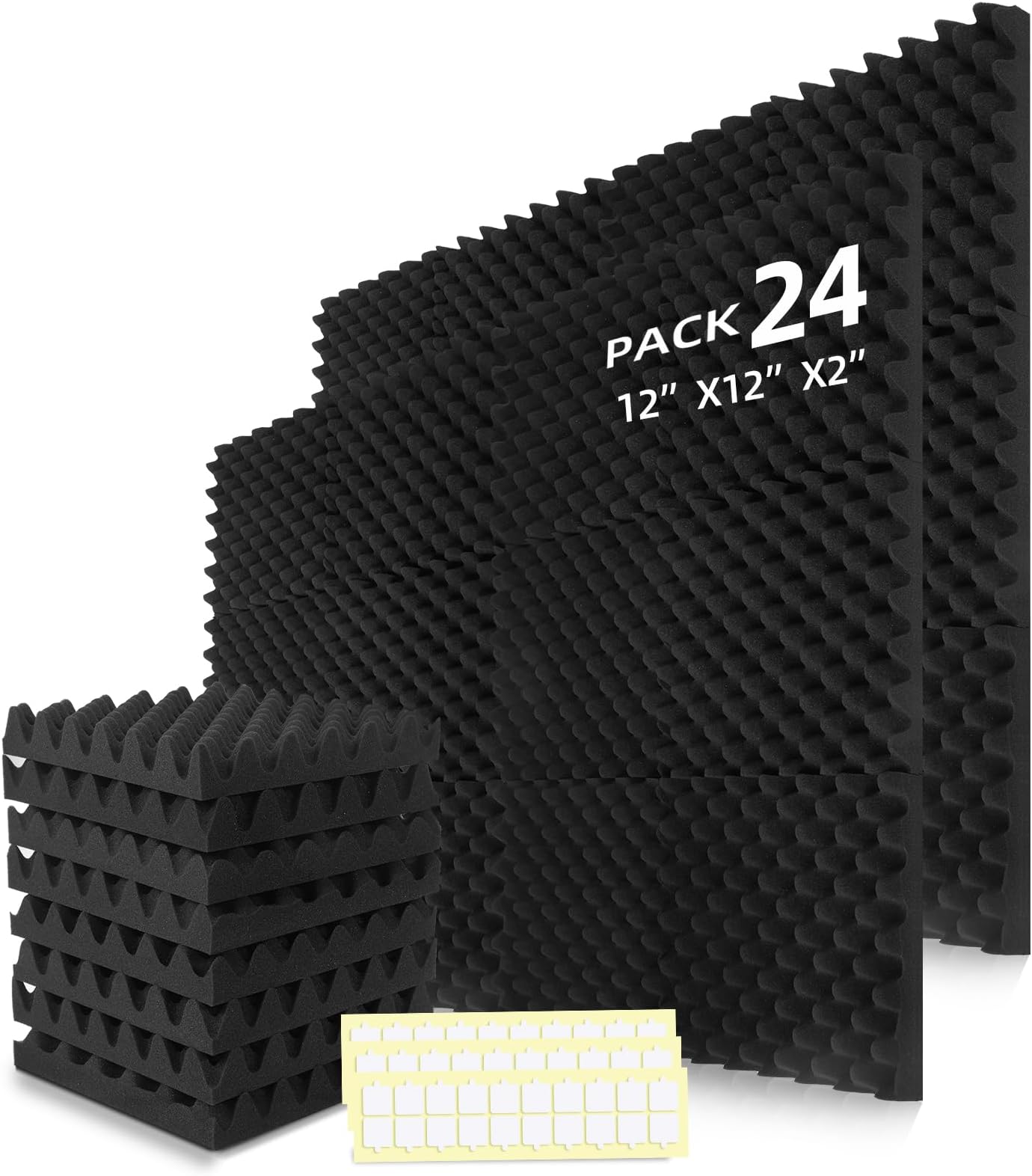 24 Pack 2" X 12" X 12" Acoustic Foam Panels, Sound Proof Egg Crate Foam, Sound Proof Foam Panels for Walls with Double-Side Adhesive