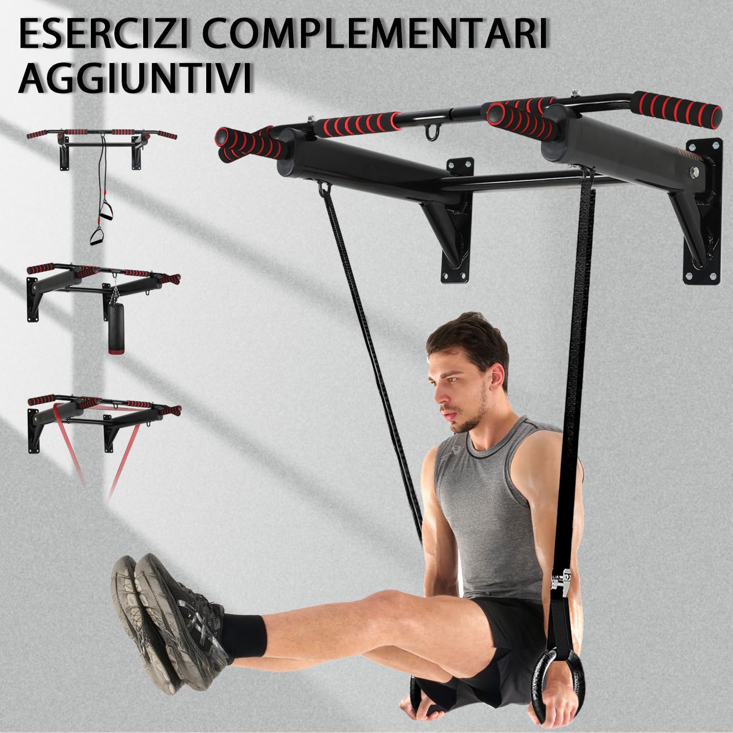 Sbarra Trazioni a Muro Fino a 250KG, Barra per Trazioni con Impugnature Antiscivole, Pull Up Bar Multifunzionale per Casa, NV-166