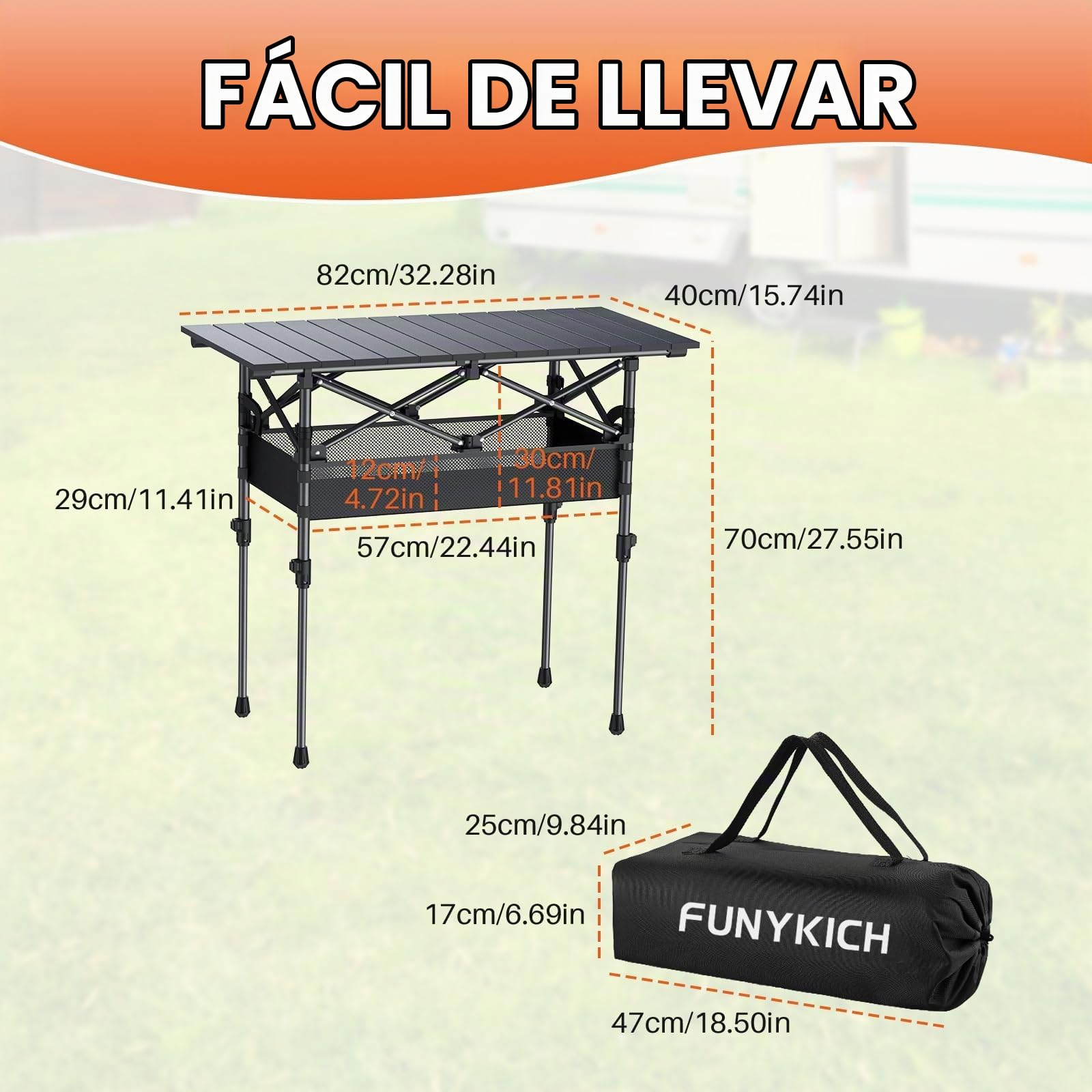 FUNYKICH Mesa Plegable de Camping 82 x 40cm con 2 Alturas Ajustables (44/70cm), Fácil Montaje, Bolsa de Malla Tablero Enrollable de Aluminio para Barbacoa