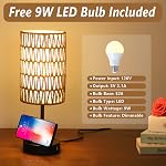 Touch Table Lamp For Bedroom with Bulb, Boho Small Desk Lamp For Living Room With Rattan & Linen Shade, 3 Way Dimmable Bedside Table Lamp For Nightstand With USB Charging Port & Phone Stand For Office