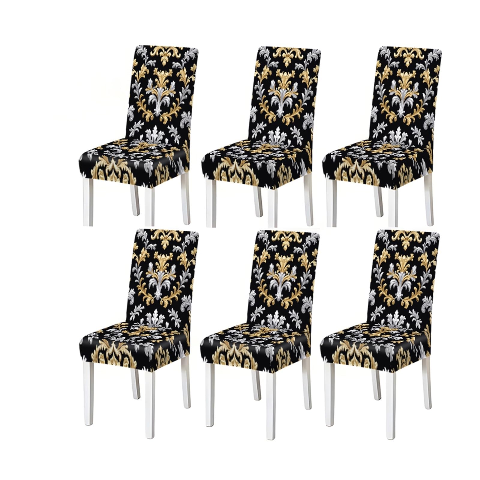 KXUAUV Black Gold Silver Baroque Damask Print Dining Chair Covers, Stretch Slipcovers For Home Kitchen Dining Room Party, 2/4/6PCS Seat Protectors for Restaurant Hotel Party(6PCSChair cover)