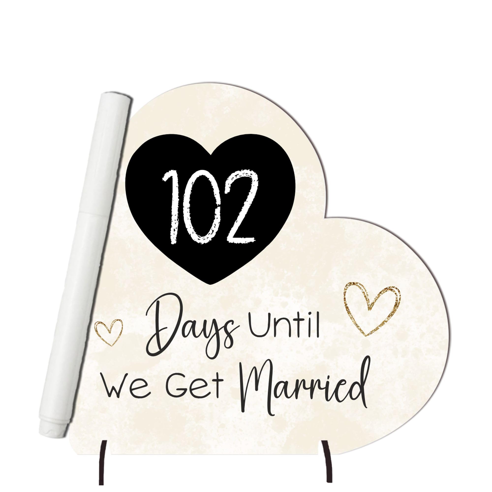 Wedding Countdown Plaque - Medium MDF Wood Heart-Shaped Keepsake - Days Until We Get Married with Optional Chalk Pen (Creme, with Pen)