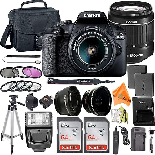 Canon EOS 2000D / Rebel T7 Cámara digital SLR de 24.1 MP con lente de zoom de 0.709-2.165 in + paquete de accesorios ZeeTech, paquete de 2 tarjetas disponible en Yaxa Guatemala