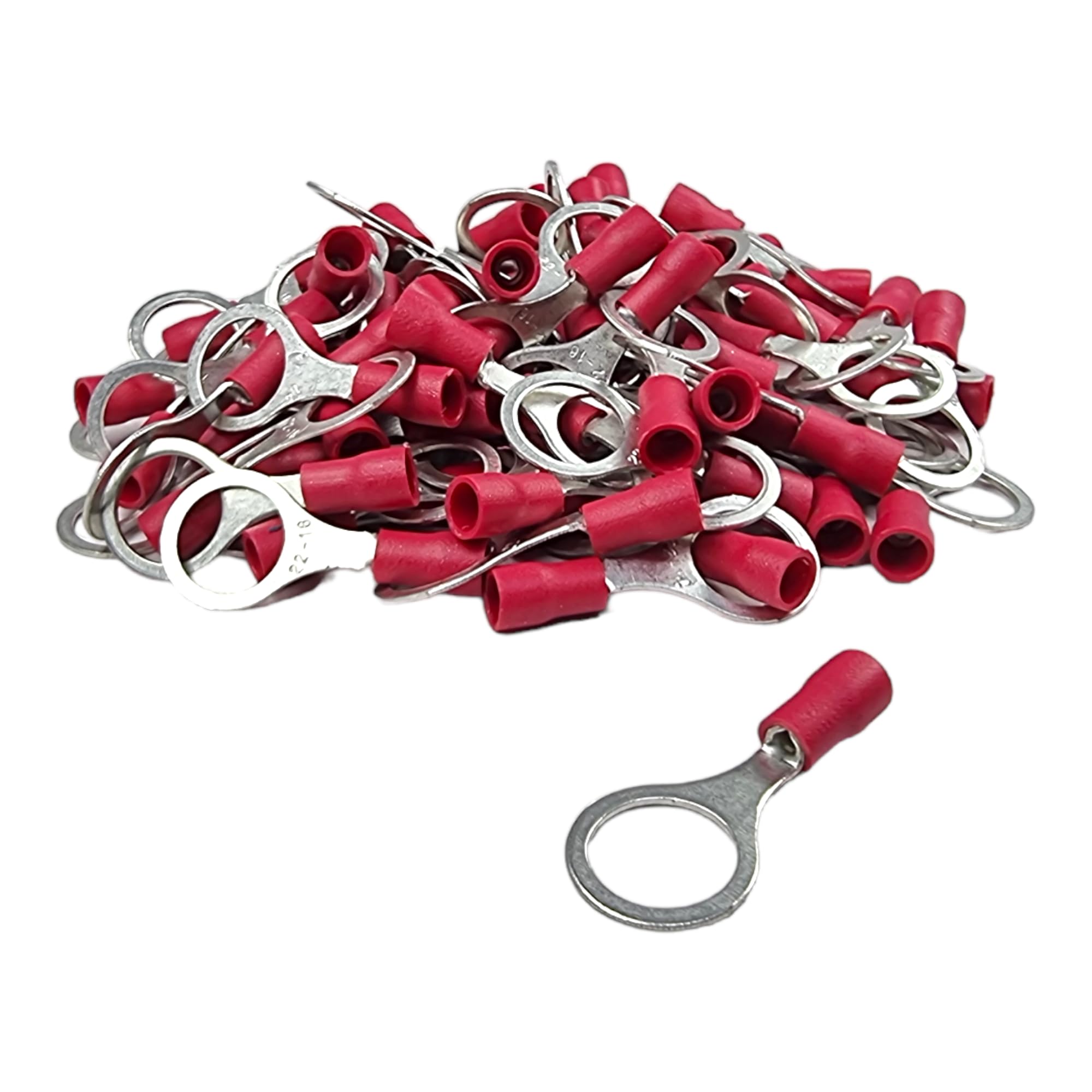 100 Pack of Red - 5.3mm (2BA) - Ring Terminals - Insulated Electrical Crimp Terminal Wire Connector