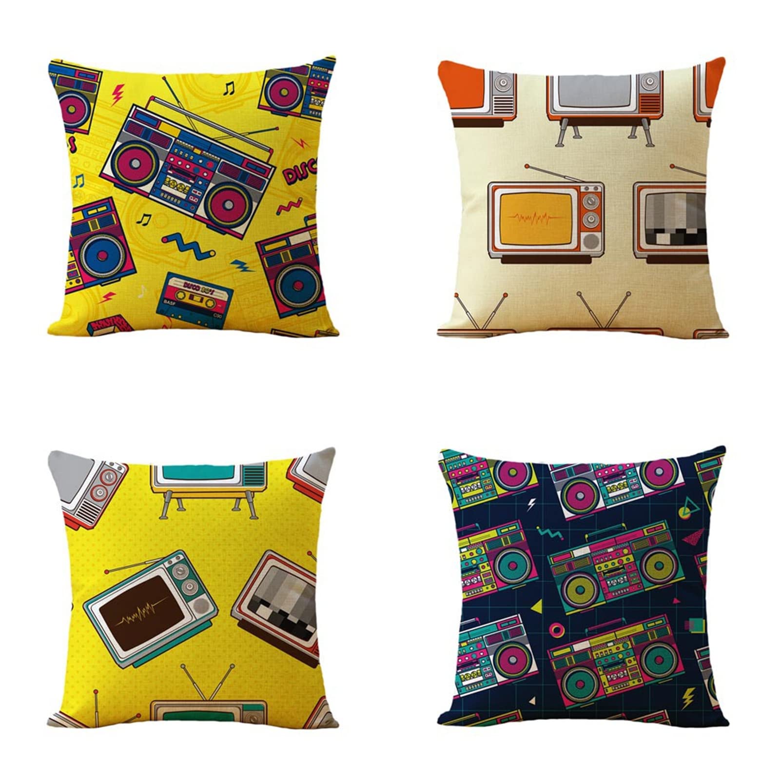 Federe Cuscino Divano, Radio Gialla(50x50cm) Set di 4 pezzi Stampa Fronte-Retro Morbido Cuscini Cotone Lino Caso Modern Copricuscini con Cerniera Invisibile per Soggiorno Sedia Letto Decorativo