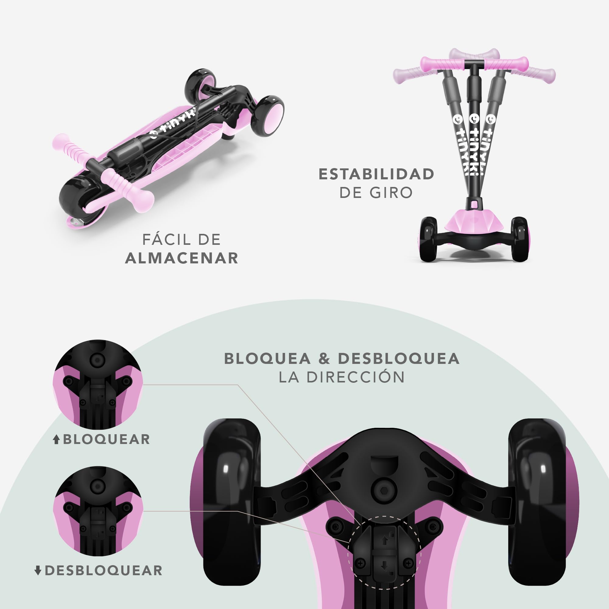 TINYKI Patinete Niño 2 Años a 6 - Altura Ajustable con Ruedas Luces LED - Scooter Niño 3 Ruedas - Patineta Infantil para Niños y Niñas Jugar