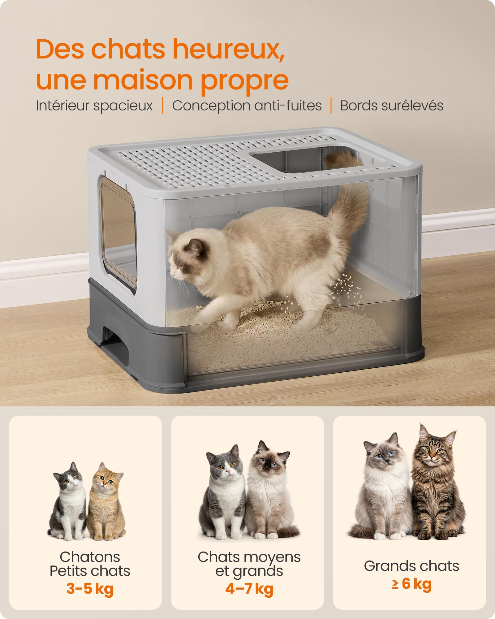 Feandrea Bac à Litière pour Chat en Acier Inoxydable, Caisse Litière avec Plateau Coulissant, Pelle, Brosse, 2 Entrées, pour Chats Jusqu’à 15 kg, Gris Anthracite et Gris Tourterelle PPT004B101