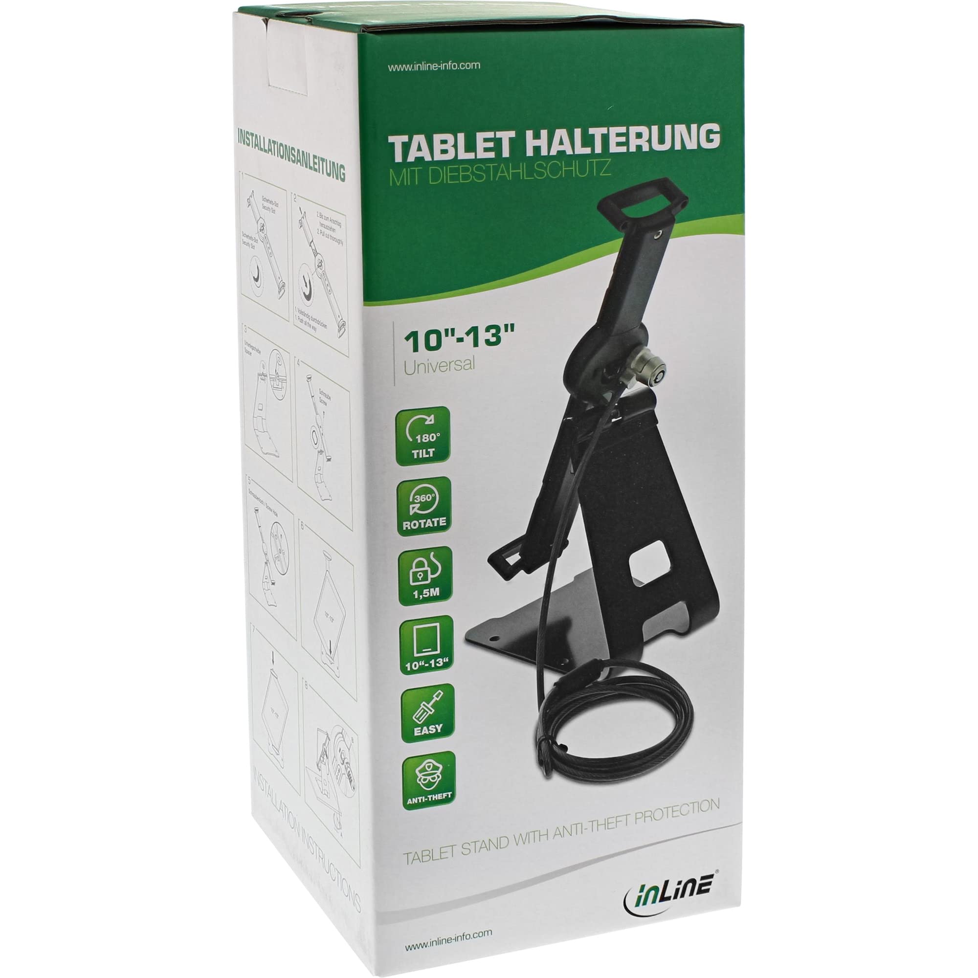 InLine 55727W - Supporto universale per tablet, 10"-13", con serratura di sicurezza, 1,5 m, con chiave, colore: Bianco