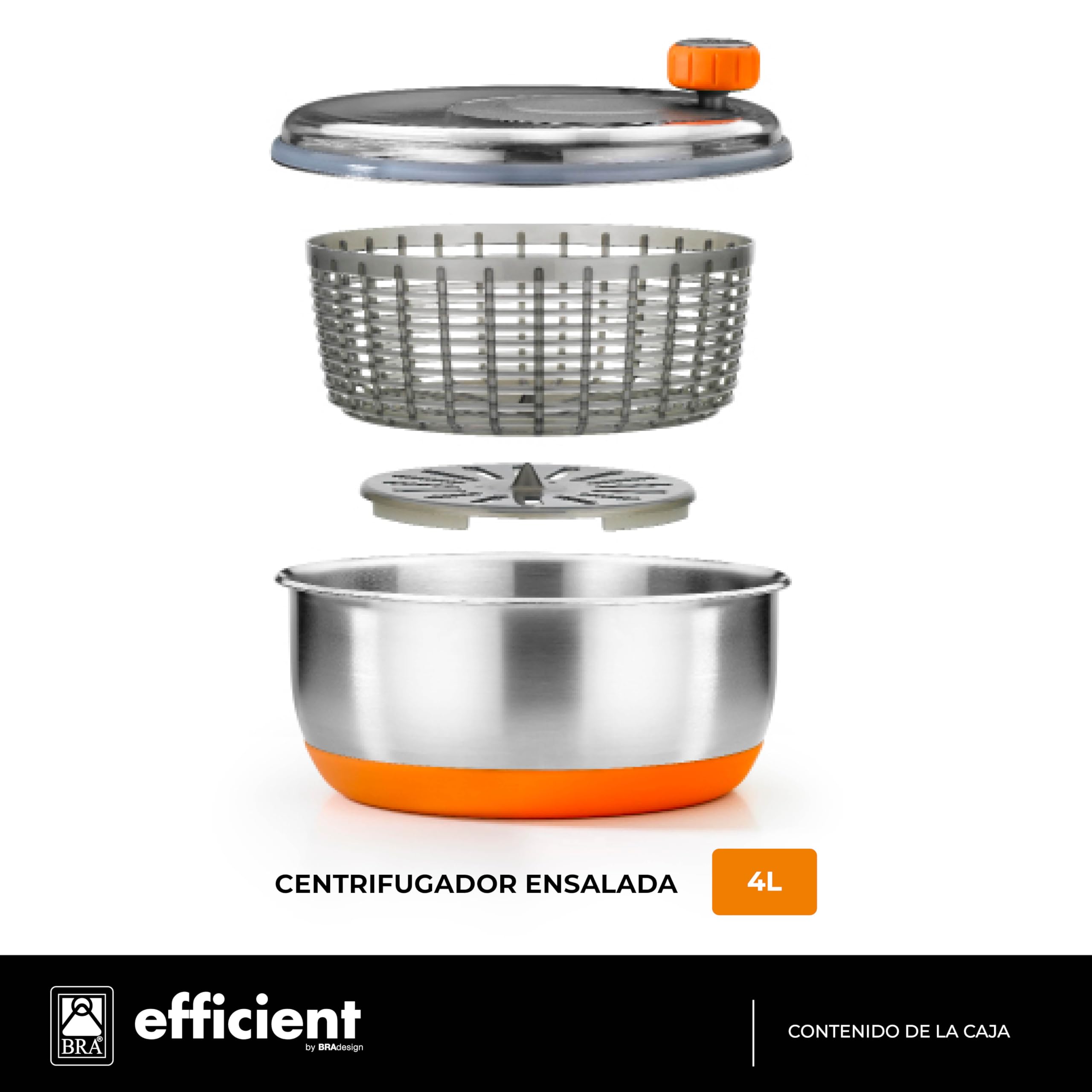 BRA Efficient | Centrifugadora de ensalada, Acero Inoxidable 18/10 con base de Silicona Antideslizante, Capacidad 4 L, Apto como Bol para Servir