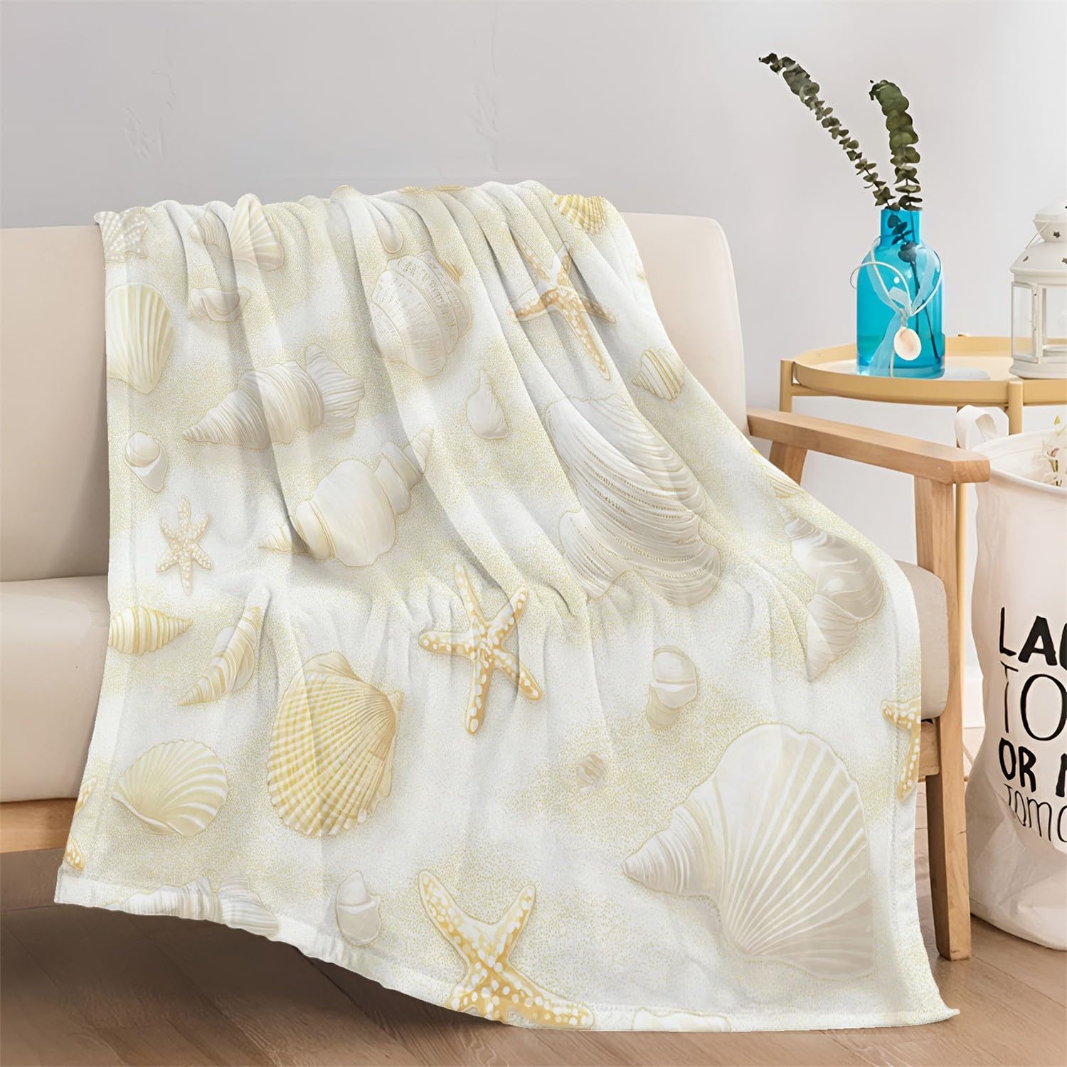 Super miękki koc flanelowy do mieszkania, 220 x 240 cm, z elementami plażowymi, miękki, puszysty, dla niemowląt, ciepły, przytulny, biały, koc na sofę, dla dziewcząt, chłopców, na prezent, na każdą
