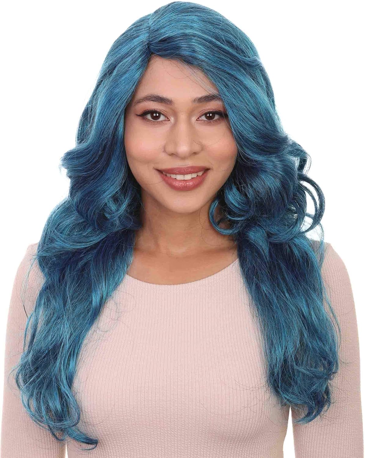 HPO Adult Women's Glamorous Long Blue Style Wig, Fancy Halloween Wig, Premium Breathable Capless Cap