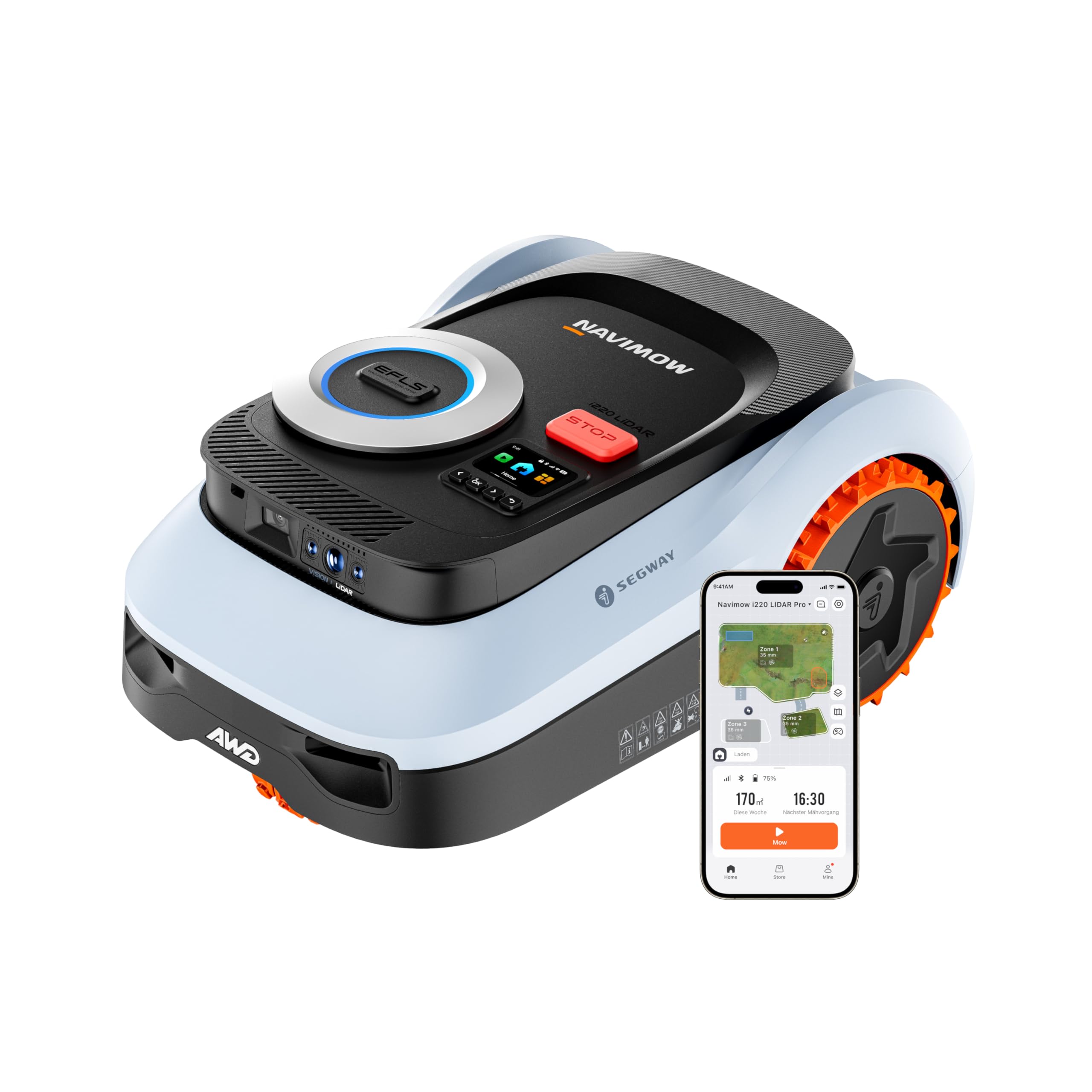 Segway Navimow i220 LiDAR Pro Mähroboter ohne Begrenzungskabel für 2000 m², LiDAR+Vision+NRTK Tri-Fusion-Positionierung, Xero-Turn AWD für 55% Steigungen, Auto-Kartierung, Schnitthöhe 25-70 mm