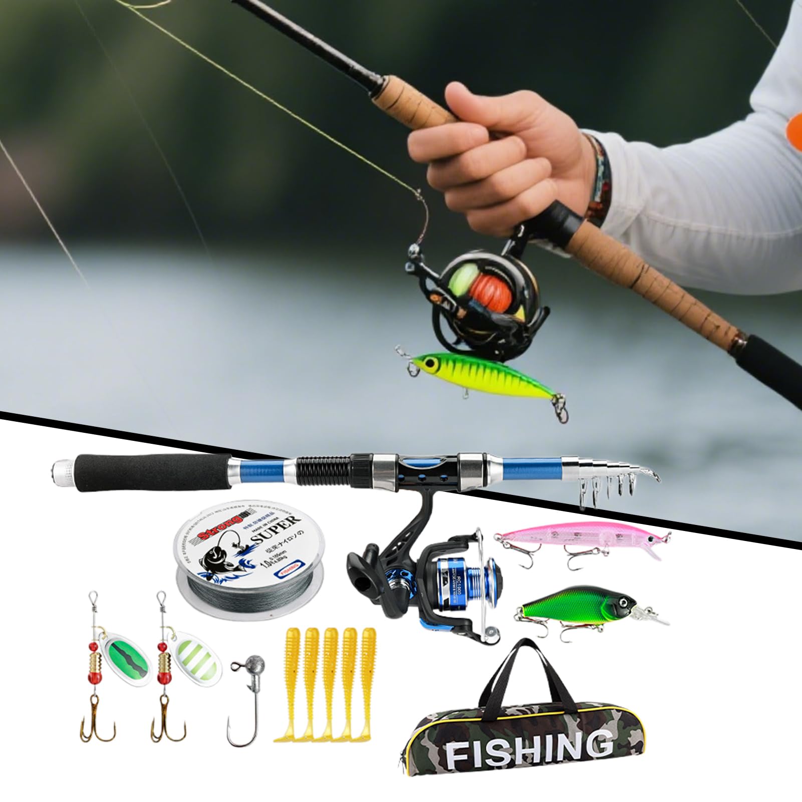 Combo Canna Da Pesca E Mulinello Set Completo Con Lenze Ed Esca | Kit Attrezzatura con Esche Rotanti e Borsa Trasporto, Equipaggiamento Outdoor per Pescatori Adulti Principianti e Viaggio