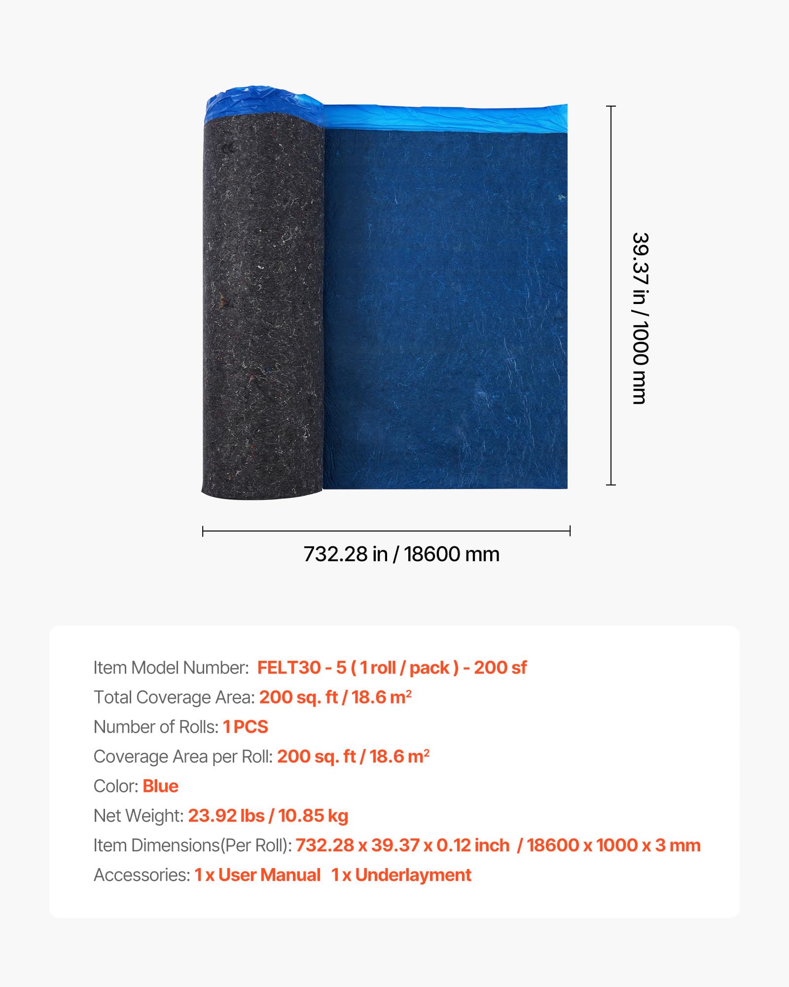 VEVOR Sous Couche Parquet, 18,6 m², Sous-couche Isolante, Épaisseur 3 mm, Fibre Robuste, Film PE Imperméable, Insonorisation Anti-humidité, Protection Infiltration, pour Sol Vinyle, Stratifié, Bois