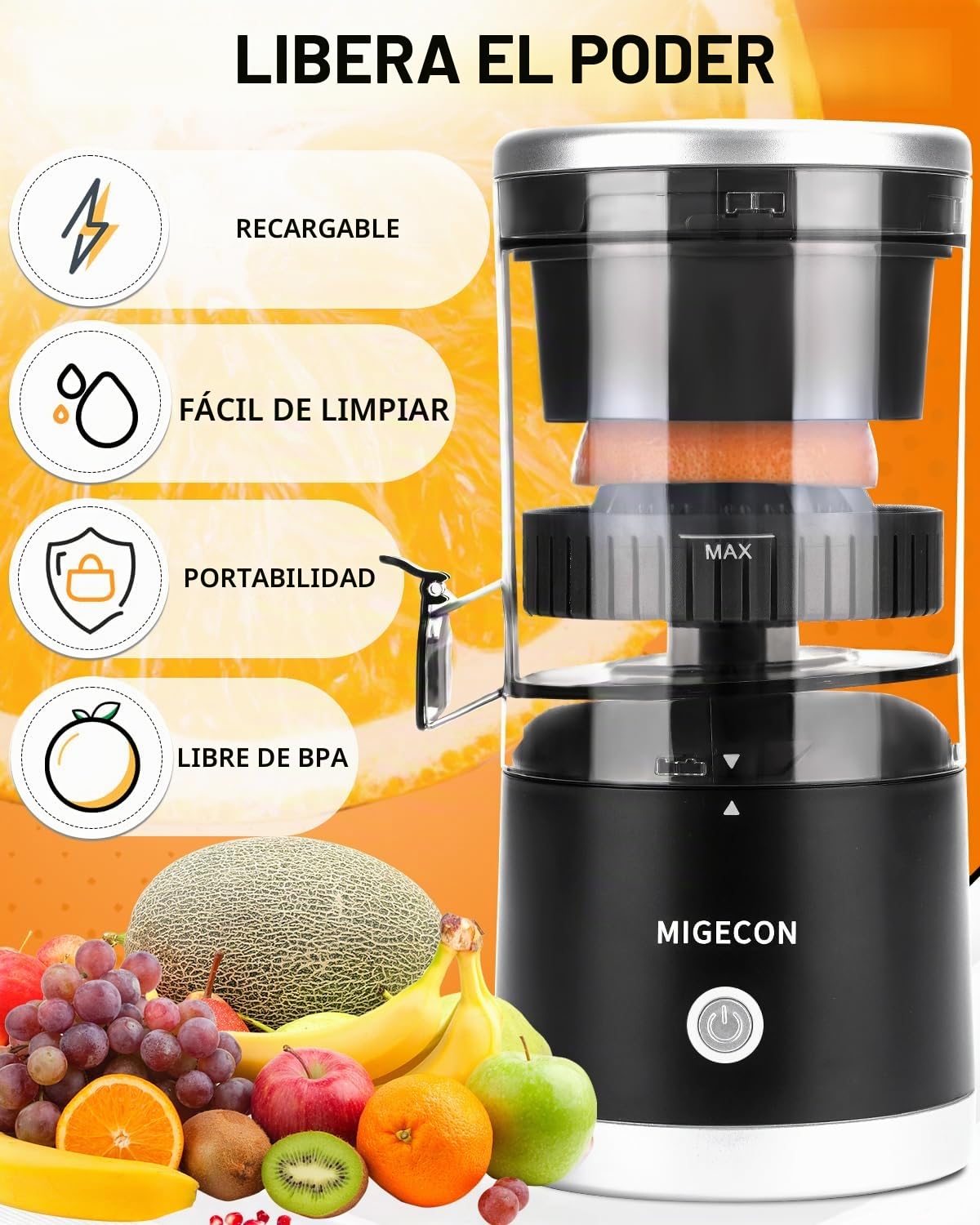 MIGECON Exprimidor Eléctrico de Naranjas, Batería portátil, Diseño a Drueba de Goteras, Adecuado para Frutas Cítricas, con USB y Cepillo de Limpieza, Desmontable, 45W, Negro