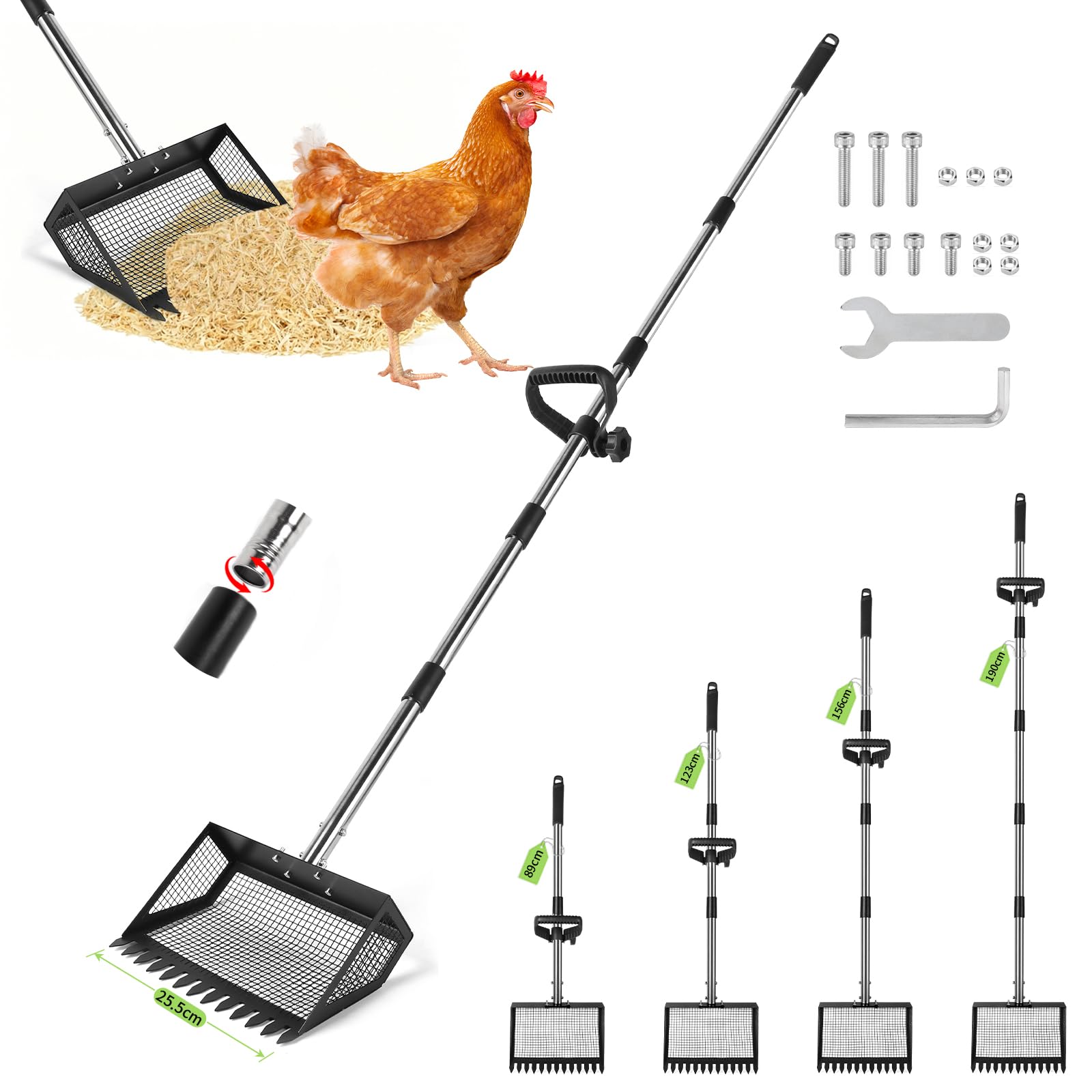 Pala per pollina 25,5 cm Paletta per letame di pollo 4 in 1 Setaccio in metallo regolabile con impugnatura ergonomica, lunghezza 89–190cm, utensile per pulizia del pollaio,separa feci,lettiera