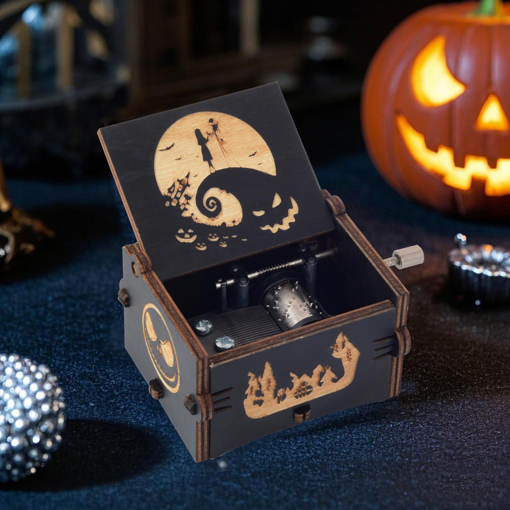 Bonita caja de música de madera con manivela, regalo de melodía de Halloween para Halloween, Navidad, día de San Valentín, cumpleaños, decoración del hogar, color negro