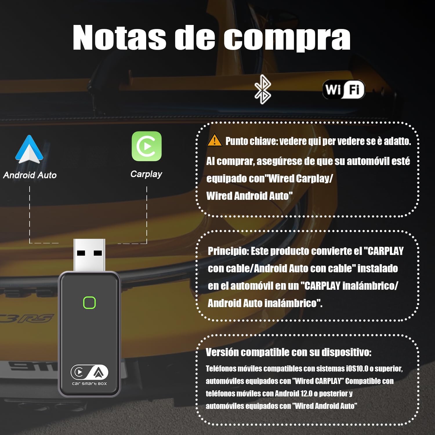 2026 Carplay Inalambrico iOS y Android Auto Inalambrico, Adaptador inalámbrico 2 en 1convierte con Cable a inalámbrico, Plug & Play con actualización en línea, para iOS 10+ & Android 12+