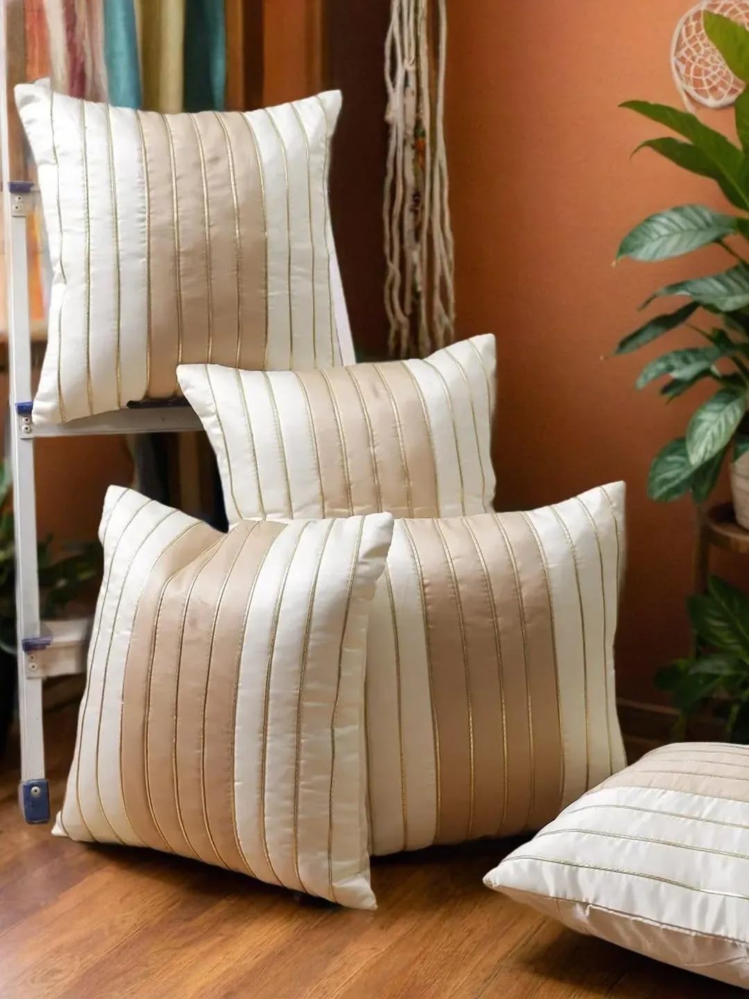 Gifts Island Set Of 5 Cream&Beige Polyester Silk Gold-Tone Striped Square Cushion Covers 16 Inch X 16 Inch (40.64 X 40.64 Cm, Cream) For Living Room Bedroom, Stylish&Modern Covers,350 TC (B0B9R81DTV) Amazon Price History, Amazon Price Tracker
