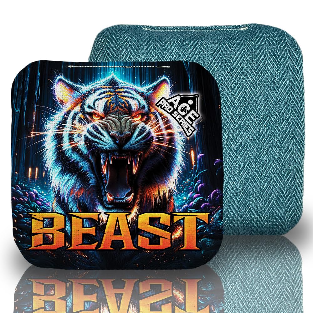 CornholeAce Pro Beast Cornhole Bags (Set mit 4 Stück) | Fischgrätenstoff, wasserdicht, mit Kunststoffharz gefüllt, doppelseitig, professionell, reguläre Größe, 15,2 x 15,2 cm, 473 ml, hergestellt in