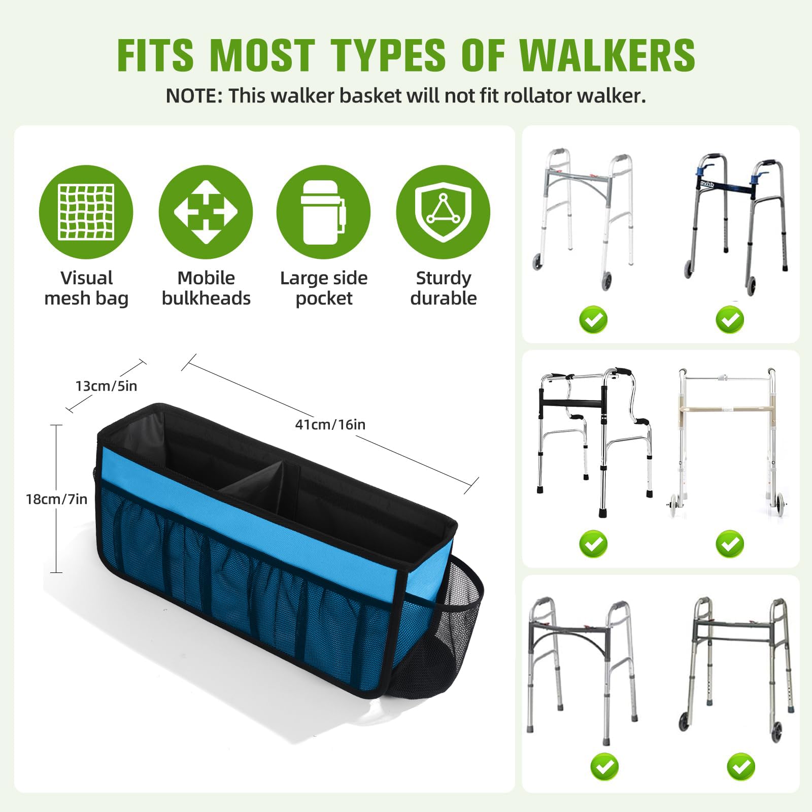 CTWWFS Cesta de andador mejorada con soporte para tazas, bolsa de almacenamiento plegable para personas mayores con gran capacidad y nunca se vuelca, el mejor regalo para la familia (azul cielo)