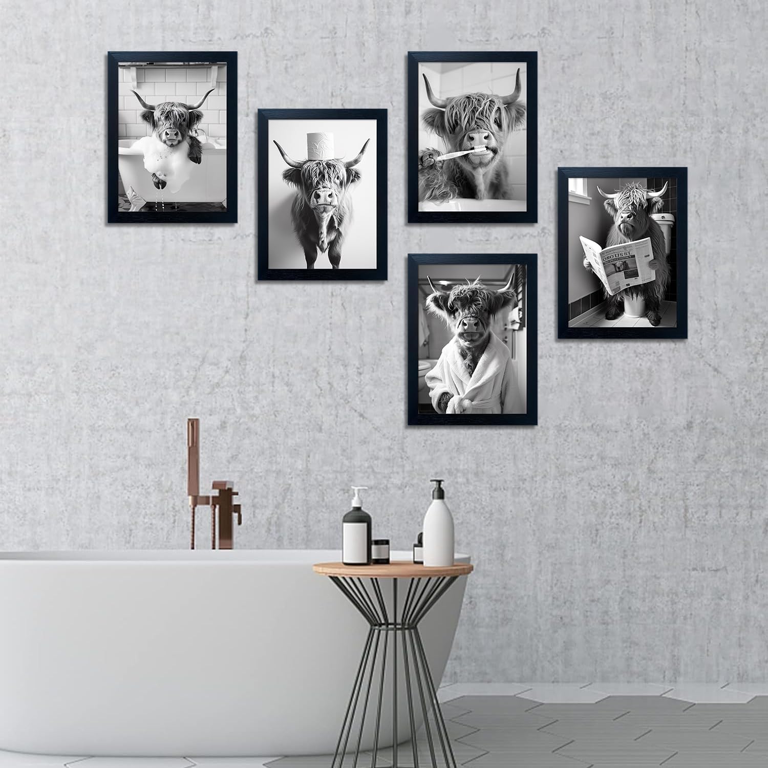 Framed Highland Cow Canvas Wall Art Funny Cow Bathroom Decor Black and White Cow Pictures Wall Decor Farmhouse Animal Bathroom Artworks