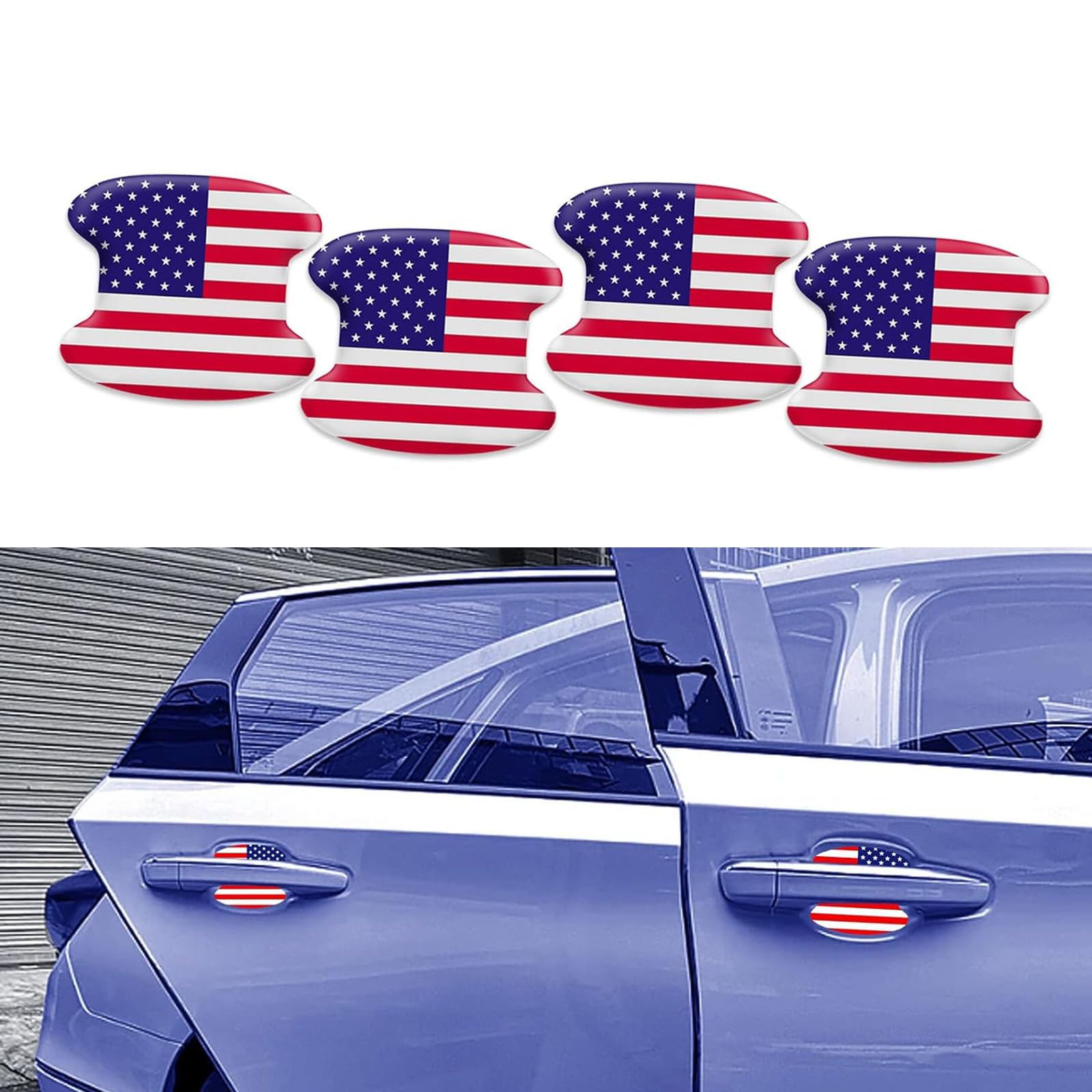 4 PCS Car Door Bowl Sticker, 3.54" x 3.93" Thickened Adhesive American Flag Design Patriotic Anti-Scratch Protector, Universal Decorative Accessory, Suitable for Most Cars, Trucks, SUVs (Red)