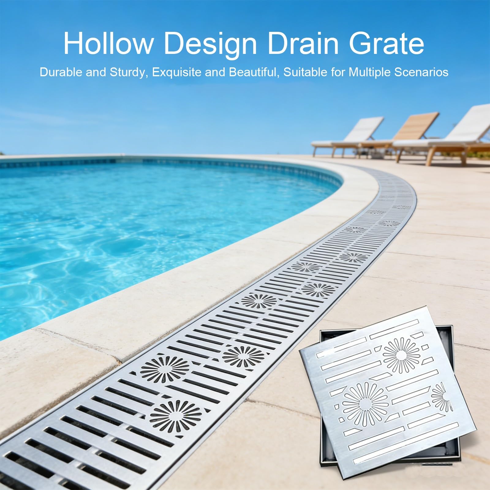 Rejilla Desague Jardin Exterior, Sumidero Terraza Nonobstrucción con Marco, Acero Inoxidable 304 para Piscina Patio con Gancho y Guante(50x50cm/20x20in)