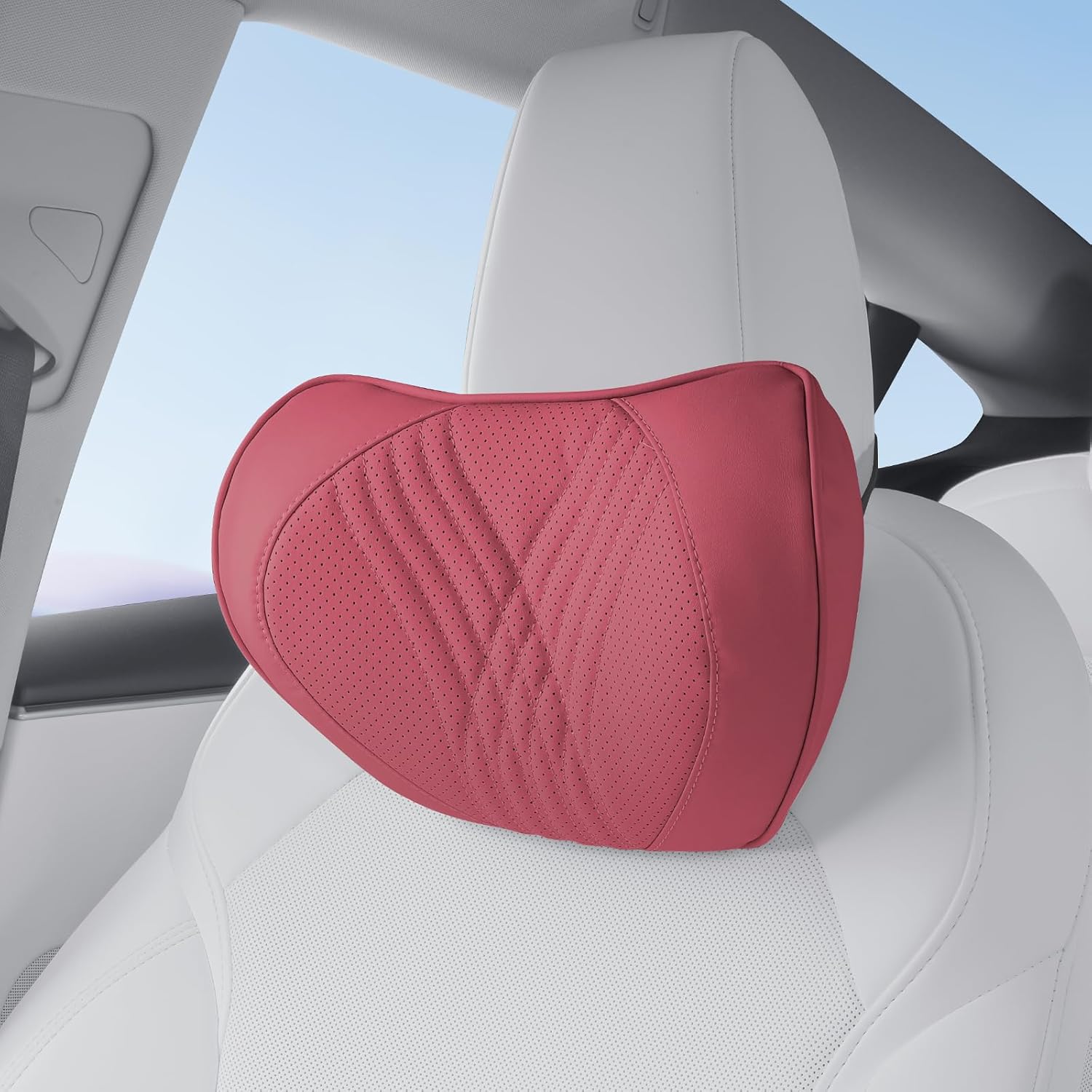 Car Neck Pillow Memory Foam Premium Leather Headrest Neck Support Cushion Universal for Driving Home Office, Red,1PC