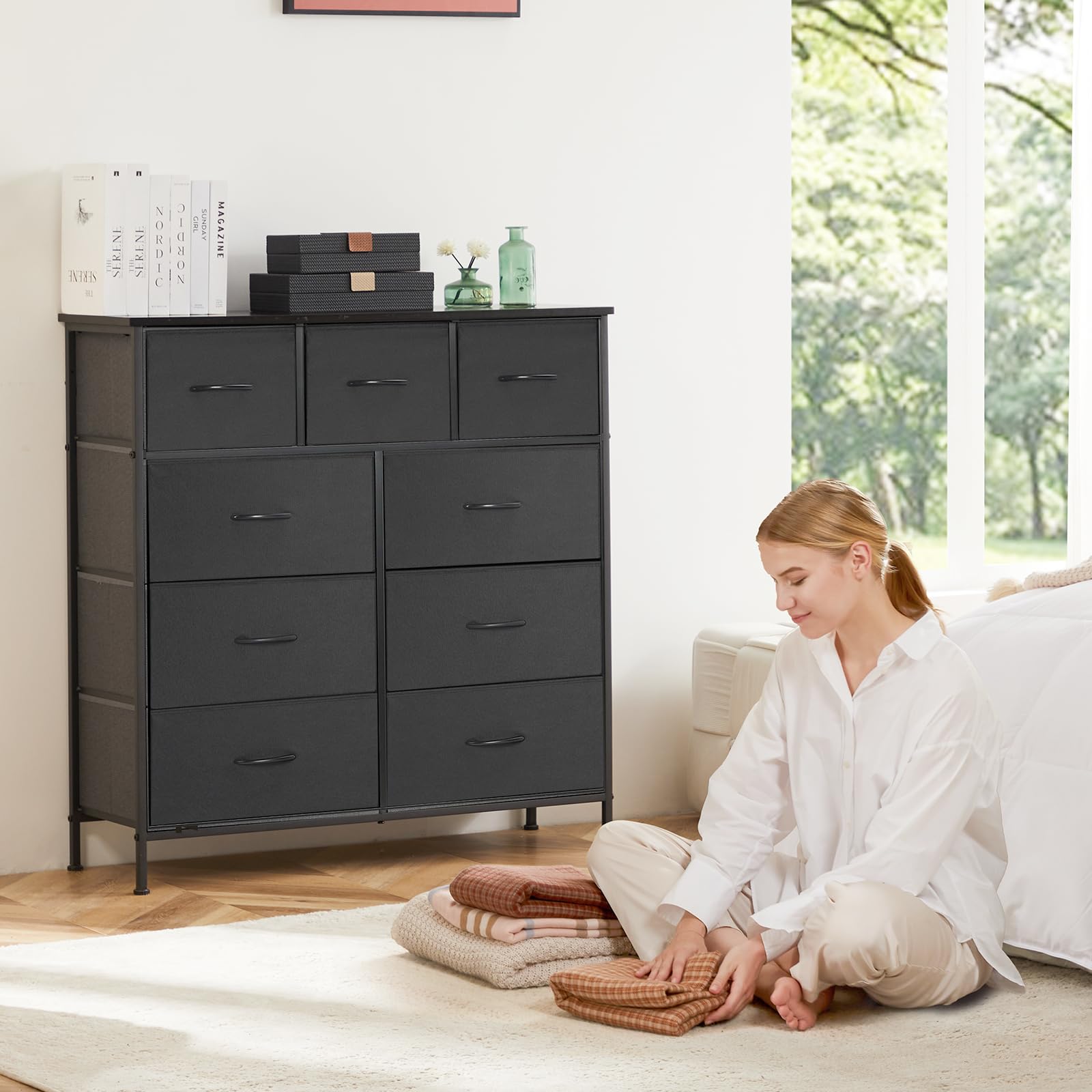 Sweetcrispy Commode avec tiroirs en Tissu - Buffet avec 9 tiroirs en Tissu - Meuble d'organisation pour Cuisine, Bureau, Couloir - Meuble TV avec tiroirs - Noir